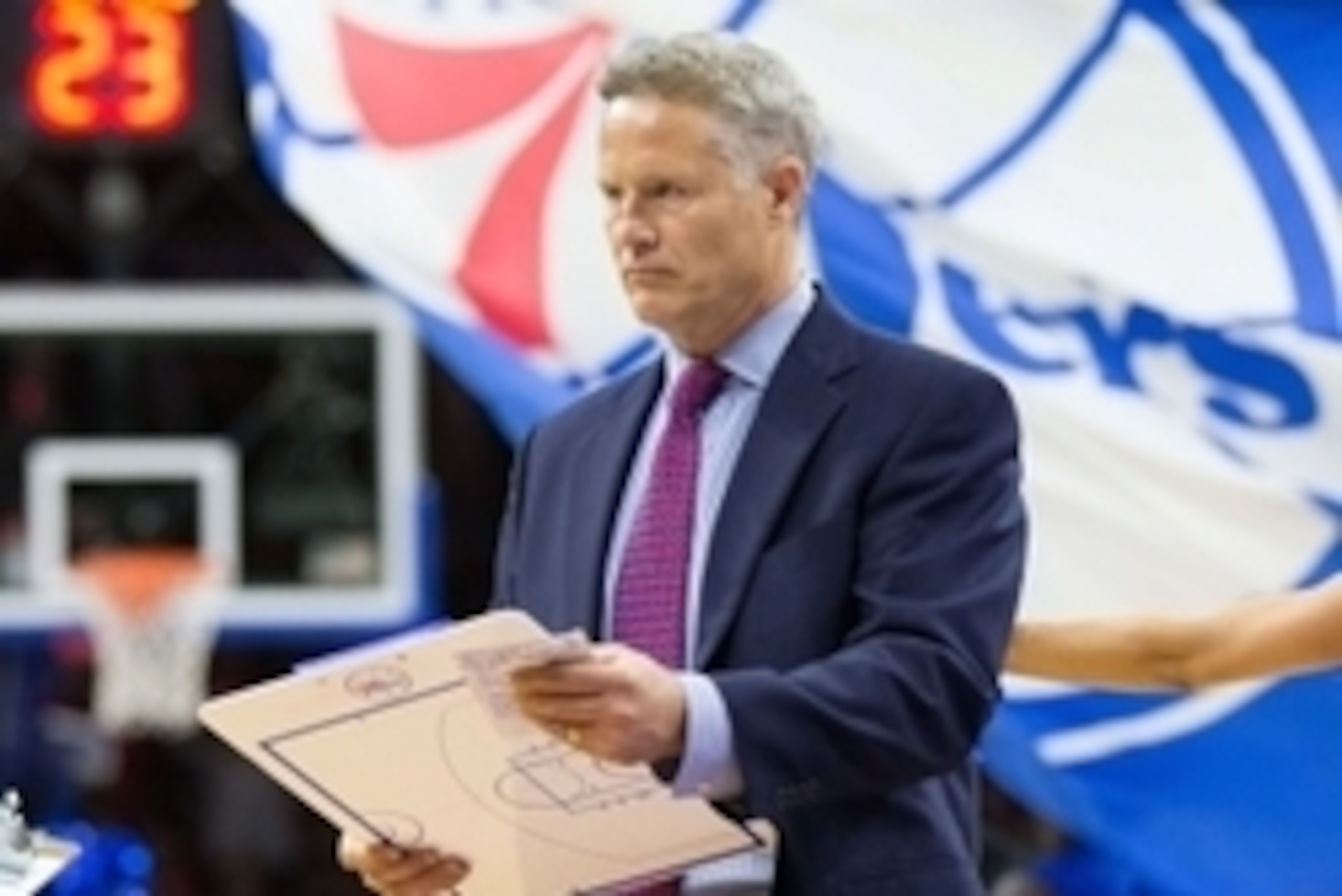 Mar 14, 2015; Philadelphia, PA, USA; Philadelphia 76ers head coach Brett Brown in a game against the Brooklyn Nets at Wells Fargo Center. The Nets won 94-87. Mandatory Credit: Bill Streicher-USA TODAY Sports Mar 14, 2015; Philadelphia, PA, USA; Philadelphia 76ers head coach Brett Brown in a game against the Brooklyn Nets at Wells Fargo Center. The Nets won 94-87. Mandatory Credit: Bill Streicher-USA TODAY Sports