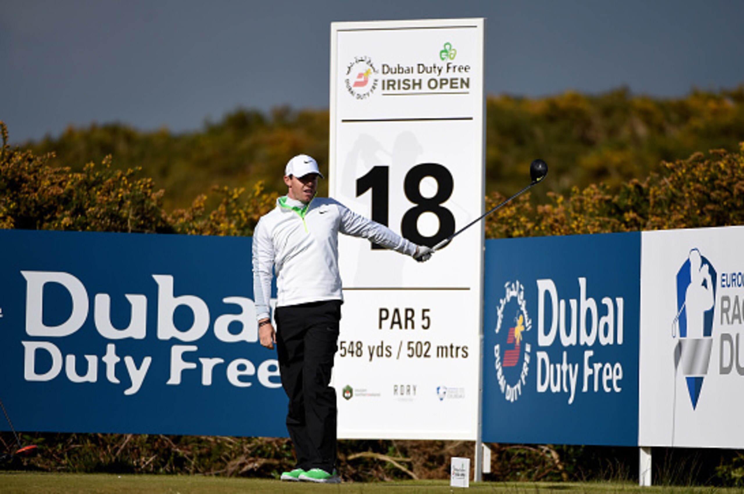 NEWCASTLE, NORTHERN IRELAND - MAY 29:  Rory McIlroy of Northern Ireland on the par five 18th hole during the second Round of the Dubai Duty Free Irish Open hosted by the Rory Foundation at Royal County Down Golf Club on May 29, 2015 in Newcastle, Northern