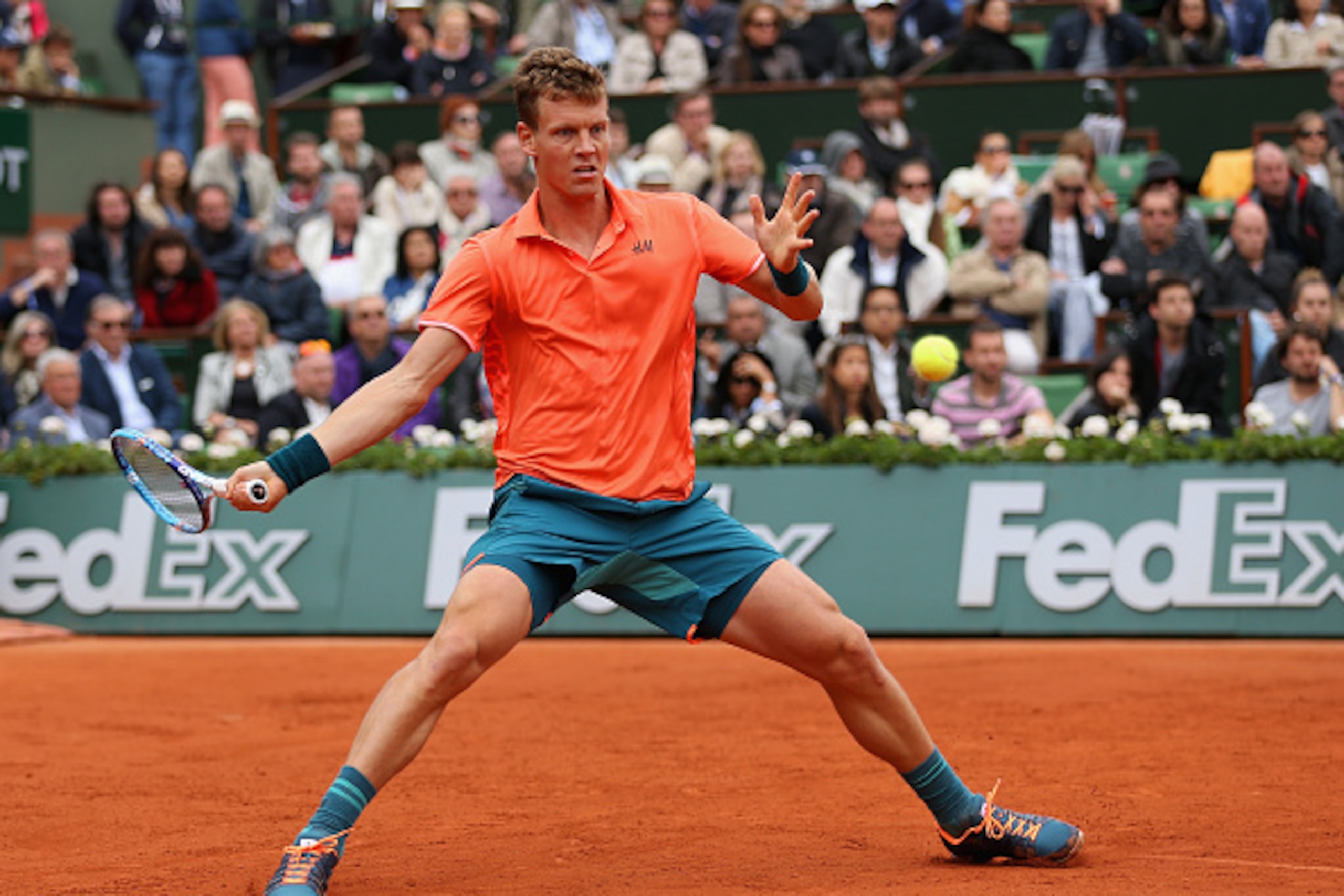 PARIS, FRANCE - MAY 31:  Tomas Berdych of Czech Republic plays a forehand in his Men's Singles match against Jo-Wilfried Tsonga of France on day eight of the 2015 French Open at Roland Garros on May 31, 2015 in Paris, France.  (Photo by Clive Brunskill/Ge