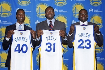 OAKLAND, CA - JULY 2: Harrison Barnes #40, Festus Ezeli #31 and Draymond Green #23 of the Golden State Warriors poses for a photo at the Warriors draft pick press conference on July 2, 2012 in Oakland, California. NOTE TO USER: User expressly acknowledges