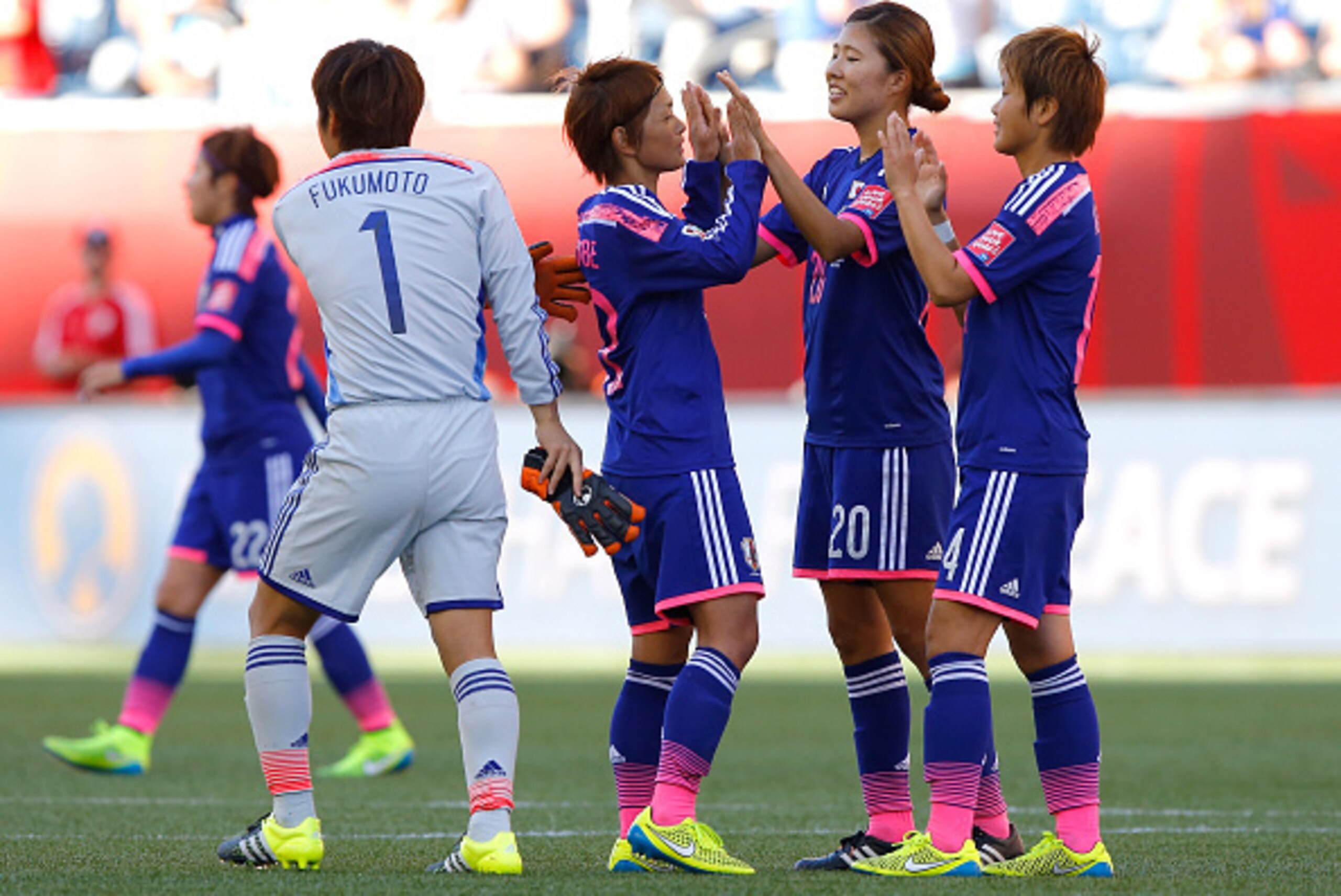 WINNIPEG, MB - JUNE 16:  Japan celebrates their 1-0 win over Ecuador during the FIFA Women's World Cup Canada 2015 Group C match between Ecuador and Japan at Winnipeg Stadium on June 16, 2015 in Winnipeg, Canada.  (Photo by Kevin C. Cox/Getty Images)