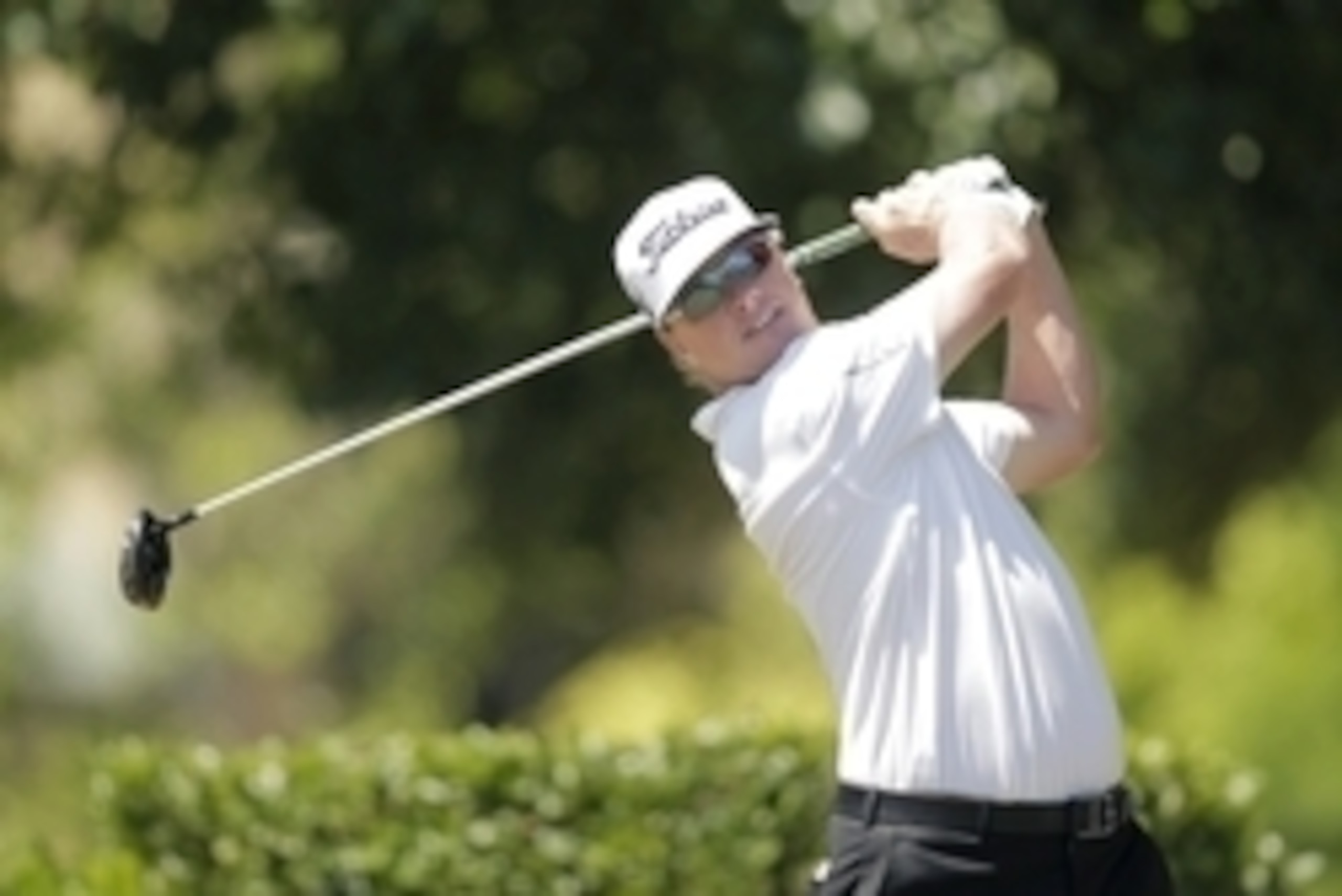 May 31, 2015; Irving, TX, USA; Charley Hoffman tees off the first hole of the final round of the AT&T Byron Nelson Championship at TPC Four Seasons Resort - Las Colinas. Mandatory Credit: Erich Schlegel-USA TODAY Sports