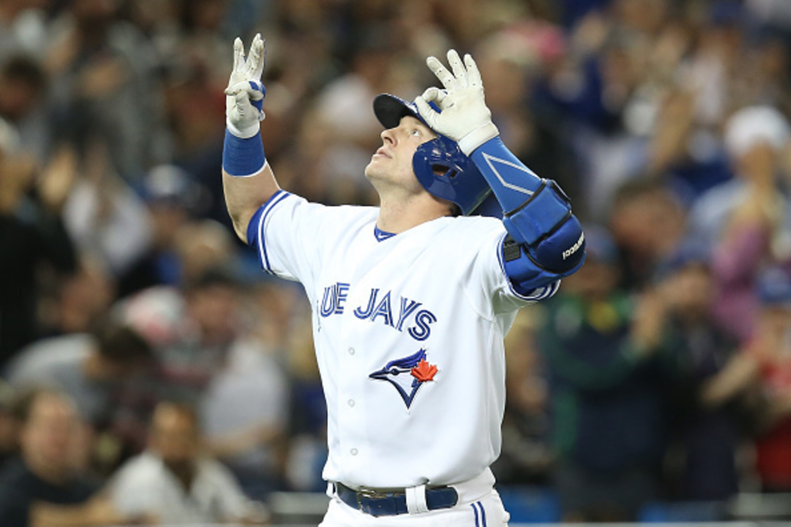 TORONTO, CANADA - MAY 19: Josh Donaldson #20 of the Toronto Blue Jays celebrates his solo home run in the first inning during MLB game action against the Los Angeles Angels of Anaheim on May 19, 2015 at Rogers Centre in Toronto, Ontario, Canada. (Photo by