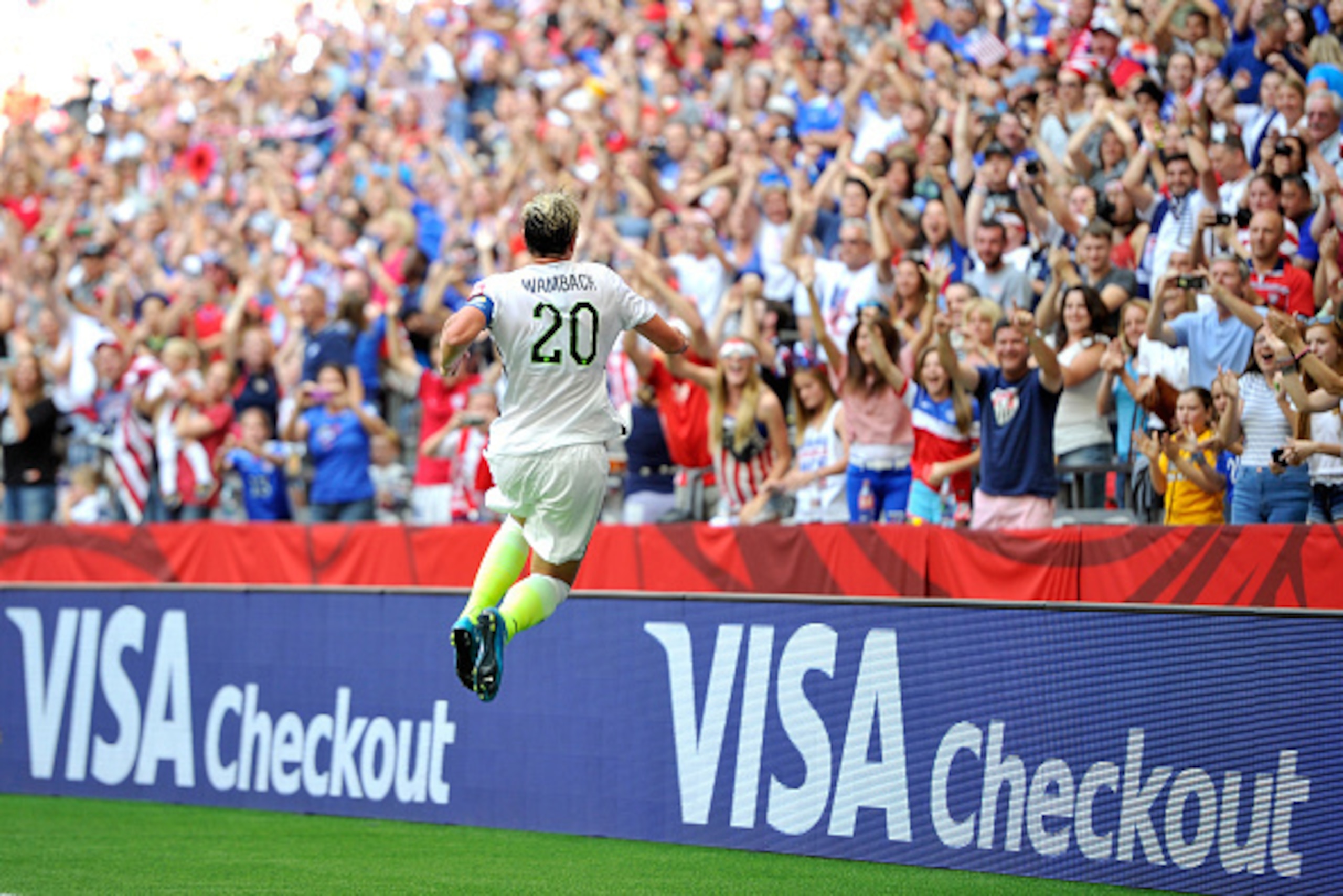 VANCOUVER, BC - JUNE 16:  Abby Wambach #20 of the United States celebrates scoring a goal in the first half against Nigeria in the Group D match of the FIFA Women's World Cup Canada 2015 at BC Place Stadium on June 16, 2015 in Vancouver, Canada.  (Photo b