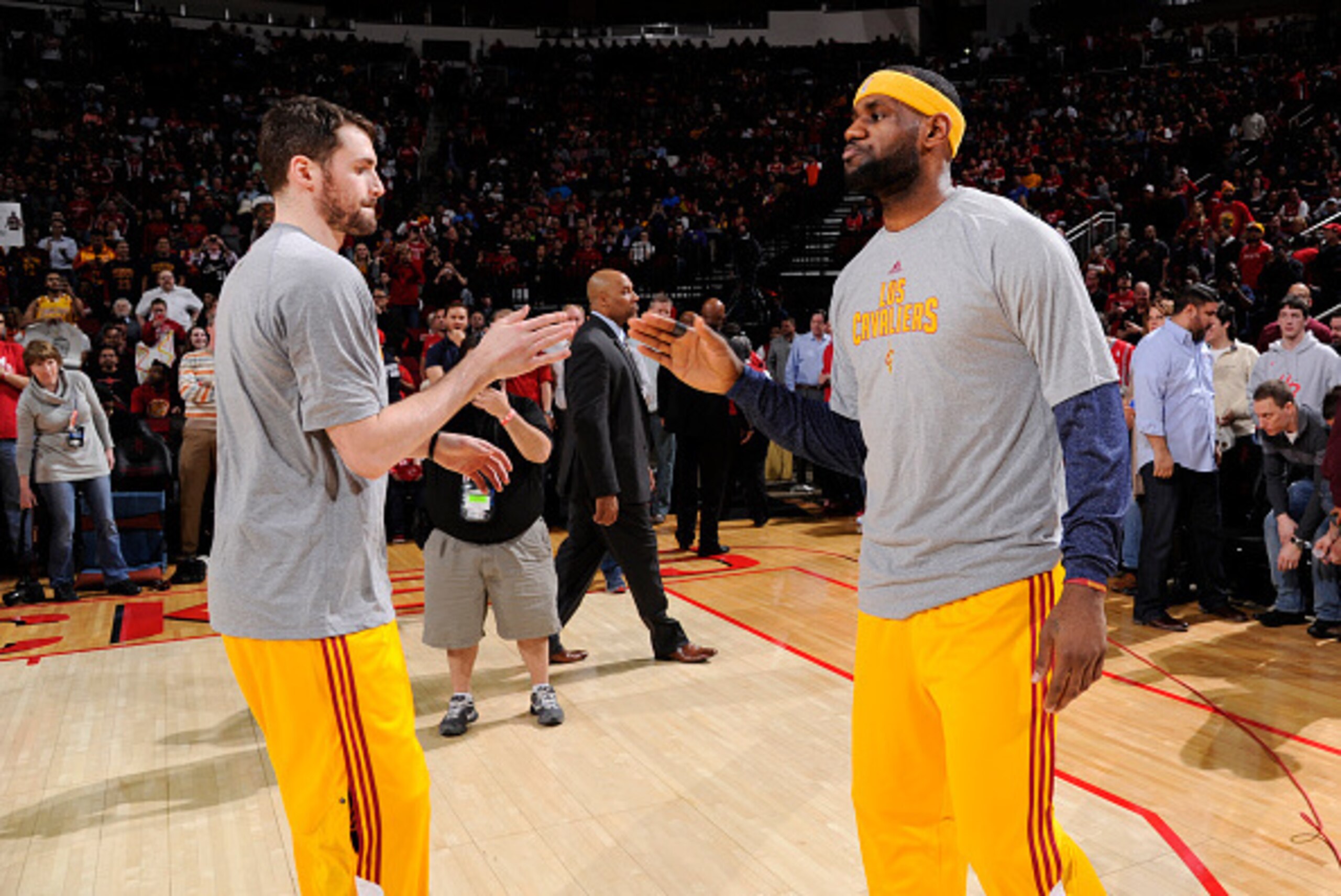 HOUSTON, TX - MARCH 1: Kevin Love #0 and LeBron James #23 of the Cleveland Cavaliers before against the Houston Rockets the game on March 1, 2015 at the Toyota Center in Houston, Texas. NOTE TO USER: User expressly acknowledges and agrees that, by downloa