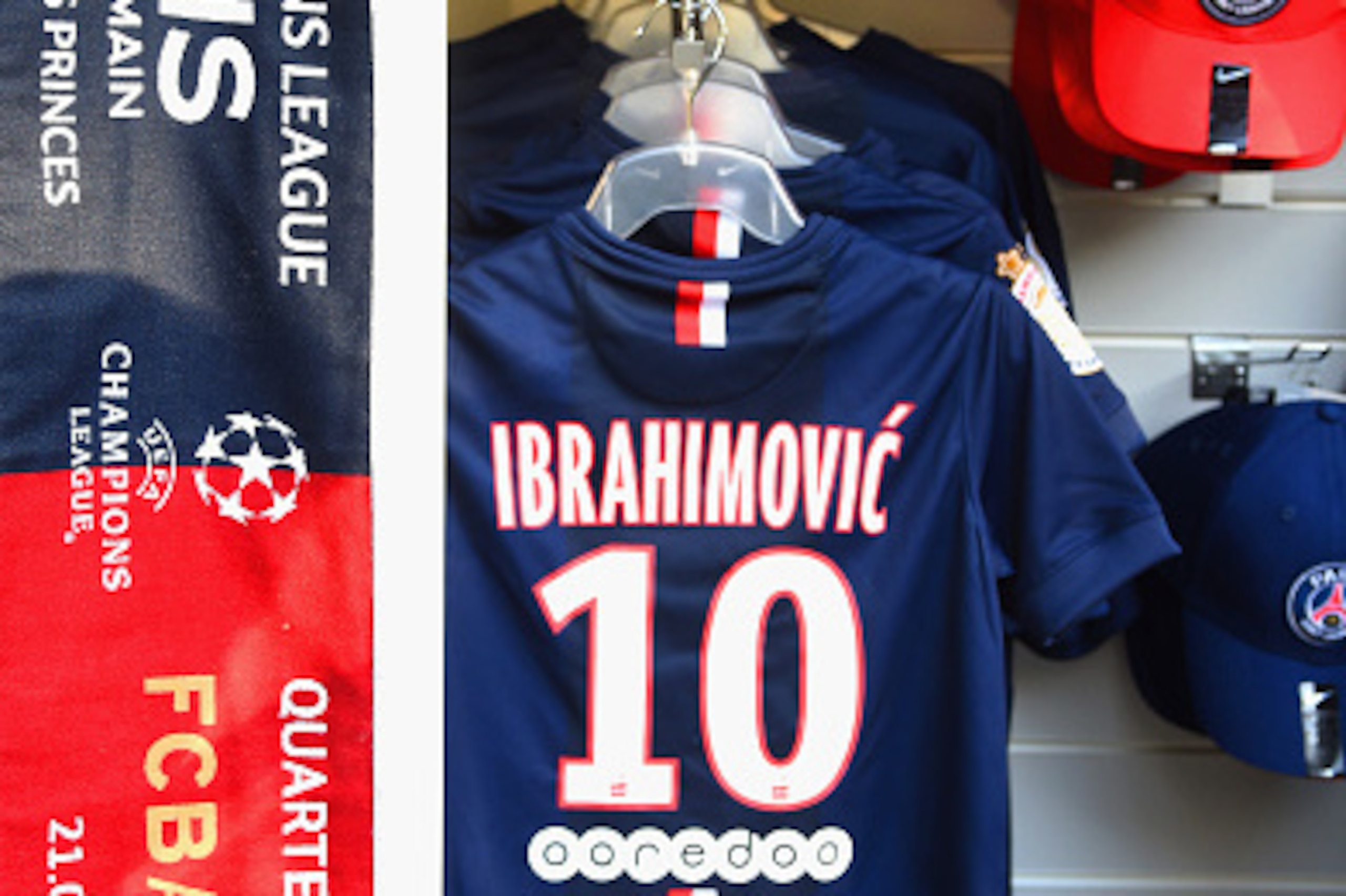 PARIS, FRANCE - APRIL 15:  A replica shirt for Zlatan Ibrahimovic of PSG is seen for sale prior to the UEFA Champions League Quarter Final First Leg match between Paris Saint-Germain and FC Barcelona at Parc des Princes on April 15, 2015 in Paris, France.