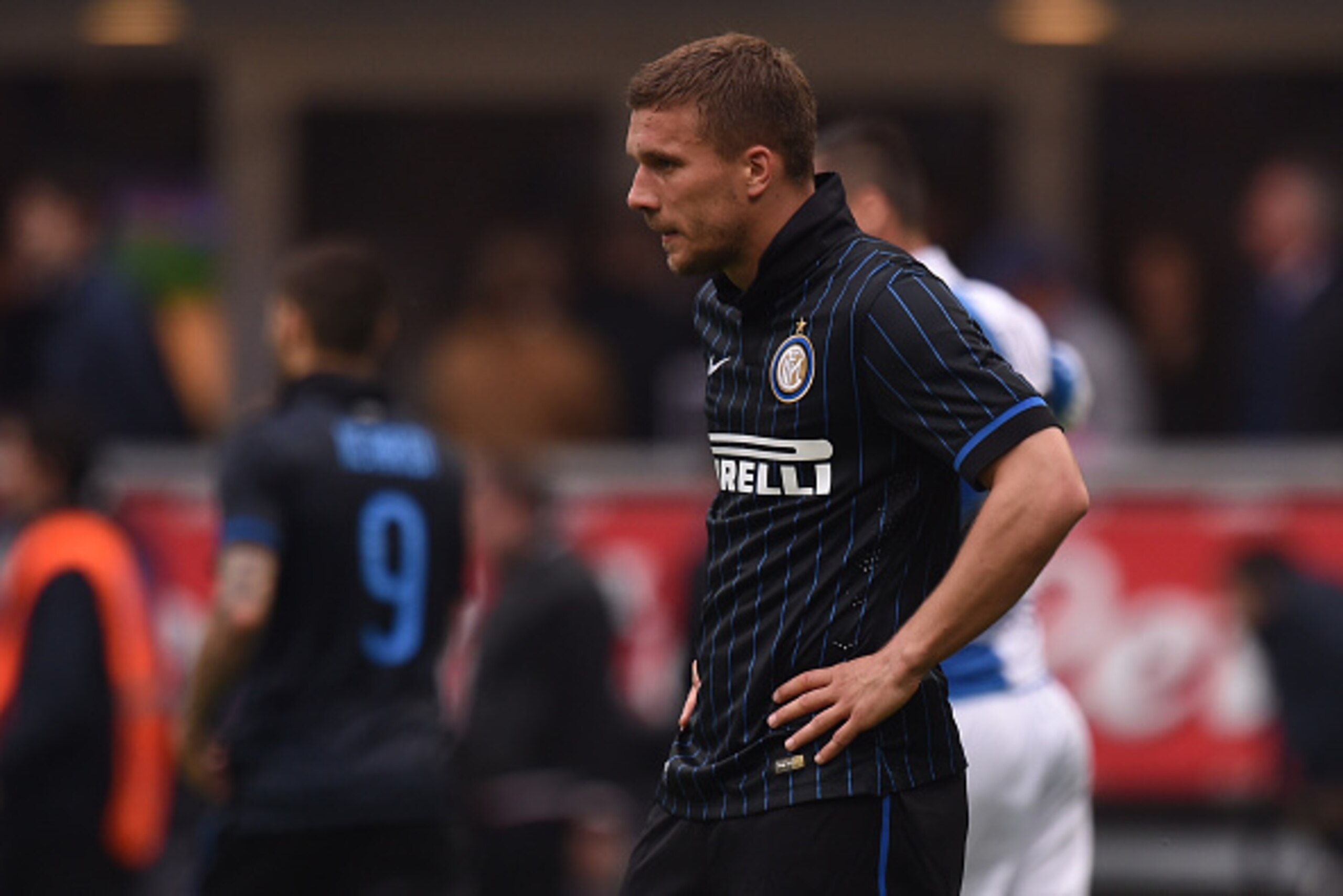 MILAN, ITALY - MAY 03: Lukas Podolski of Internazionale Milano show their dejection after the Serie A match between FC Internazionale Milano and AC Chievo Verona at Stadio Giuseppe Meazza on May 3, 2015 in Milan, Italy. (Photo by Tullio M. Puglia/Getty MILAN, ITALY - MAY 03: Lukas Podolski of Internazionale Milano show their dejection after the Serie A match between FC Internazionale Milano and AC Chievo Verona at Stadio Giuseppe Meazza on May 3, 2015 in Milan, Italy. (Photo by Tullio M. Puglia/Getty