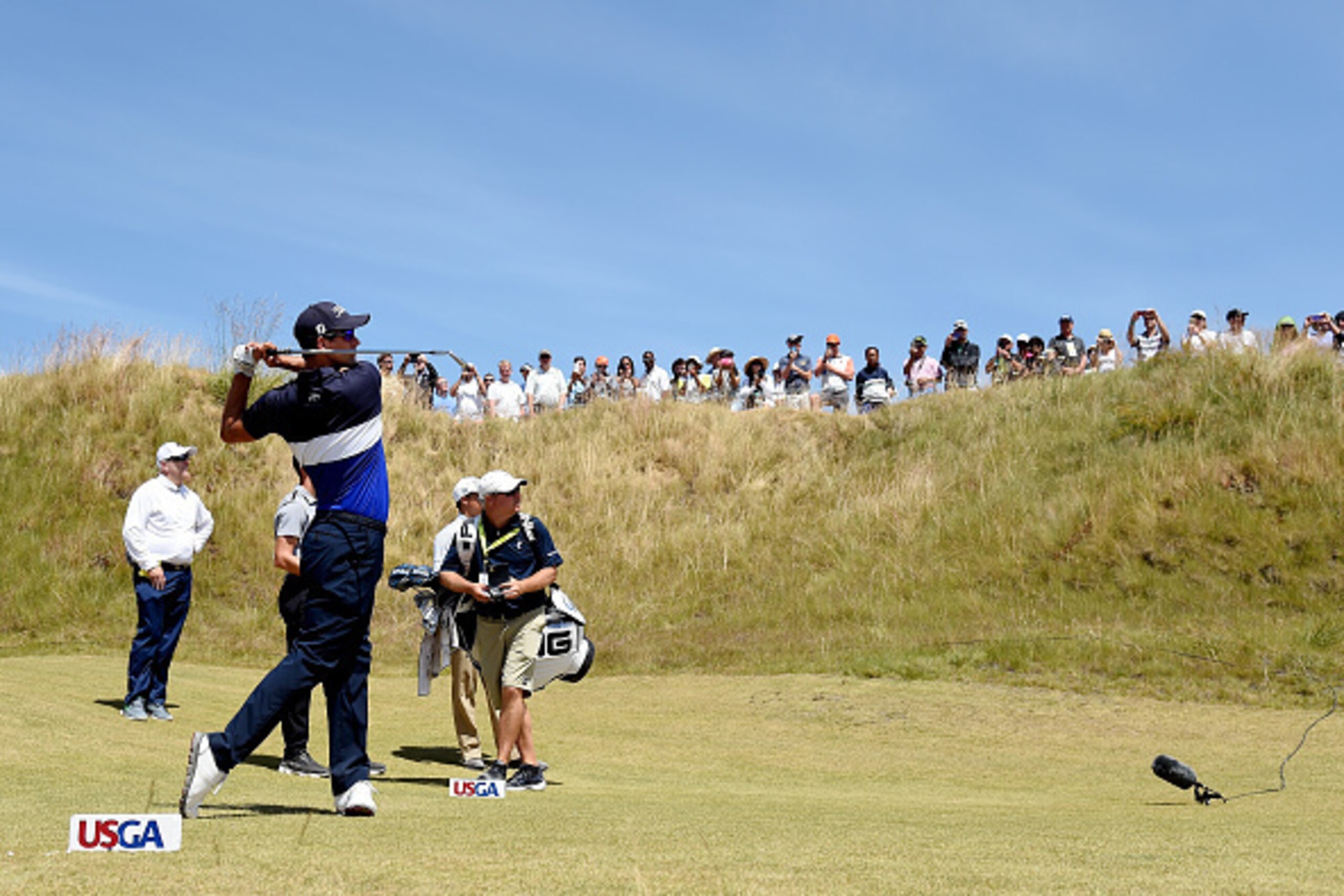 UNIVERSITY PLACE, WA - JUNE 16: Adam Scott of Australia hits a tee shot during a practice round prior to the start of the 115th U.S. Open Championship at Chambers Bay on June 16, 2015 in University Place, Washington.  (Photo by Harry How/Getty Images)