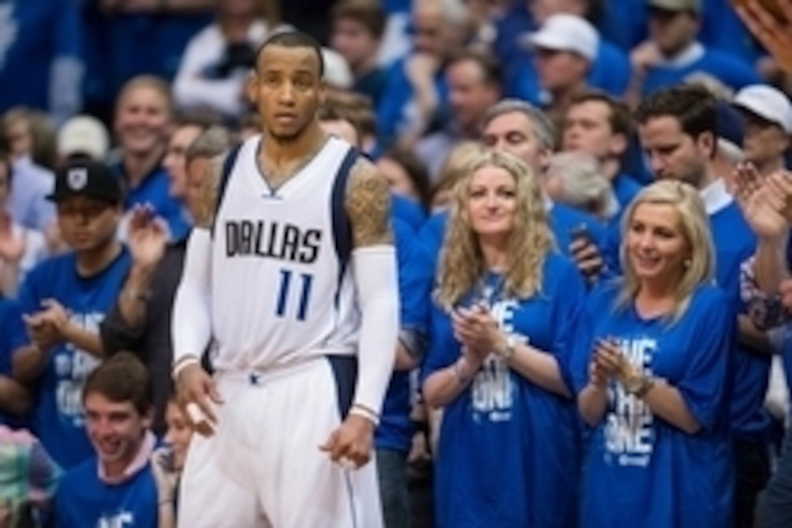 Apr 26, 2015; Dallas, TX, USA; Dallas Mavericks guard Monta Ellis (11) waits for play to resume against the Houston Rockets as fans look on in game four of the first round of the NBA Playoffs at American Airlines Center. The Mavericks defeated the Rockets