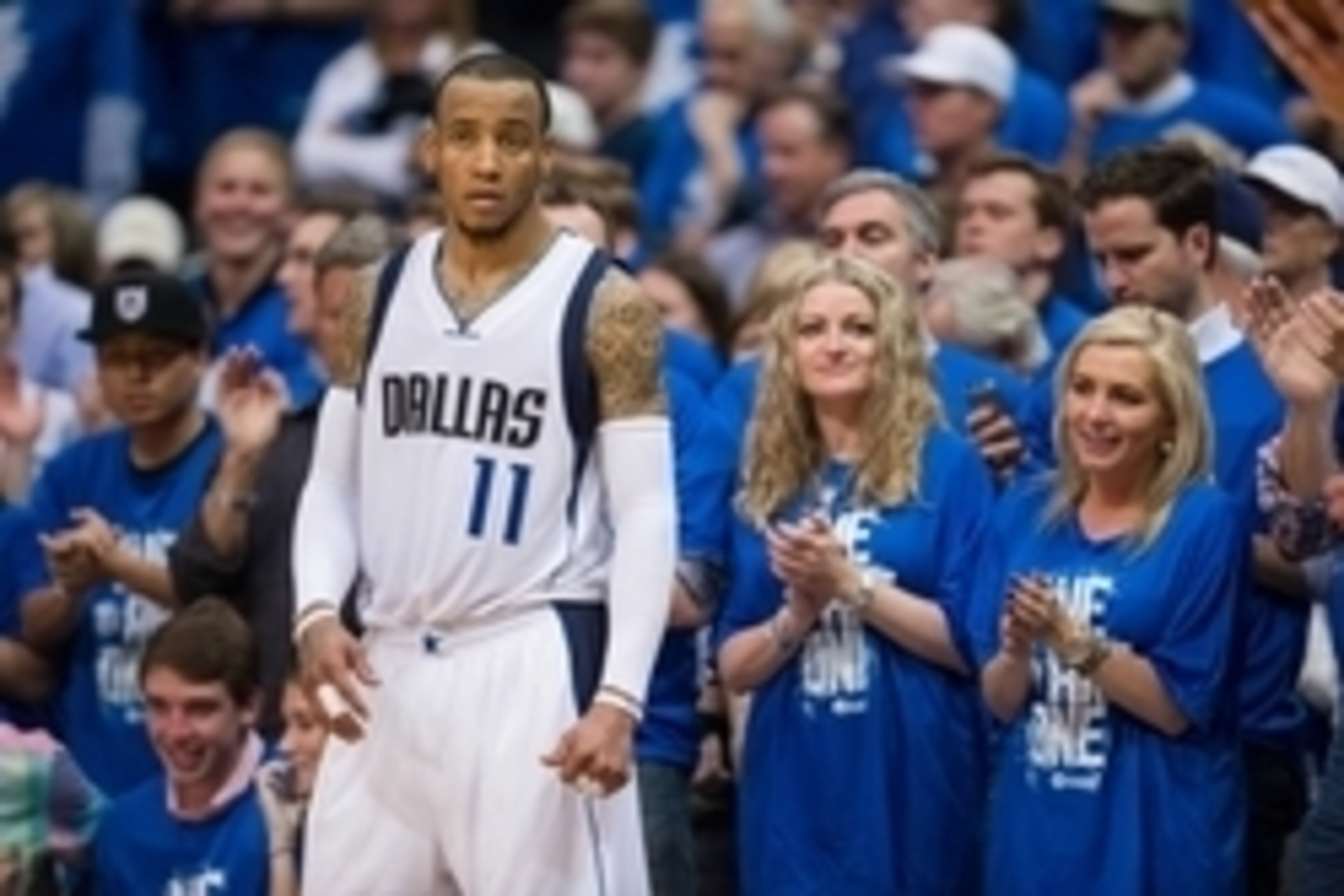 Apr 26, 2015; Dallas, TX, USA; Dallas Mavericks guard Monta Ellis (11) waits for play to resume against the Houston Rockets as fans look on in game four of the first round of the NBA Playoffs at American Airlines Center. The Mavericks defeated the Rockets