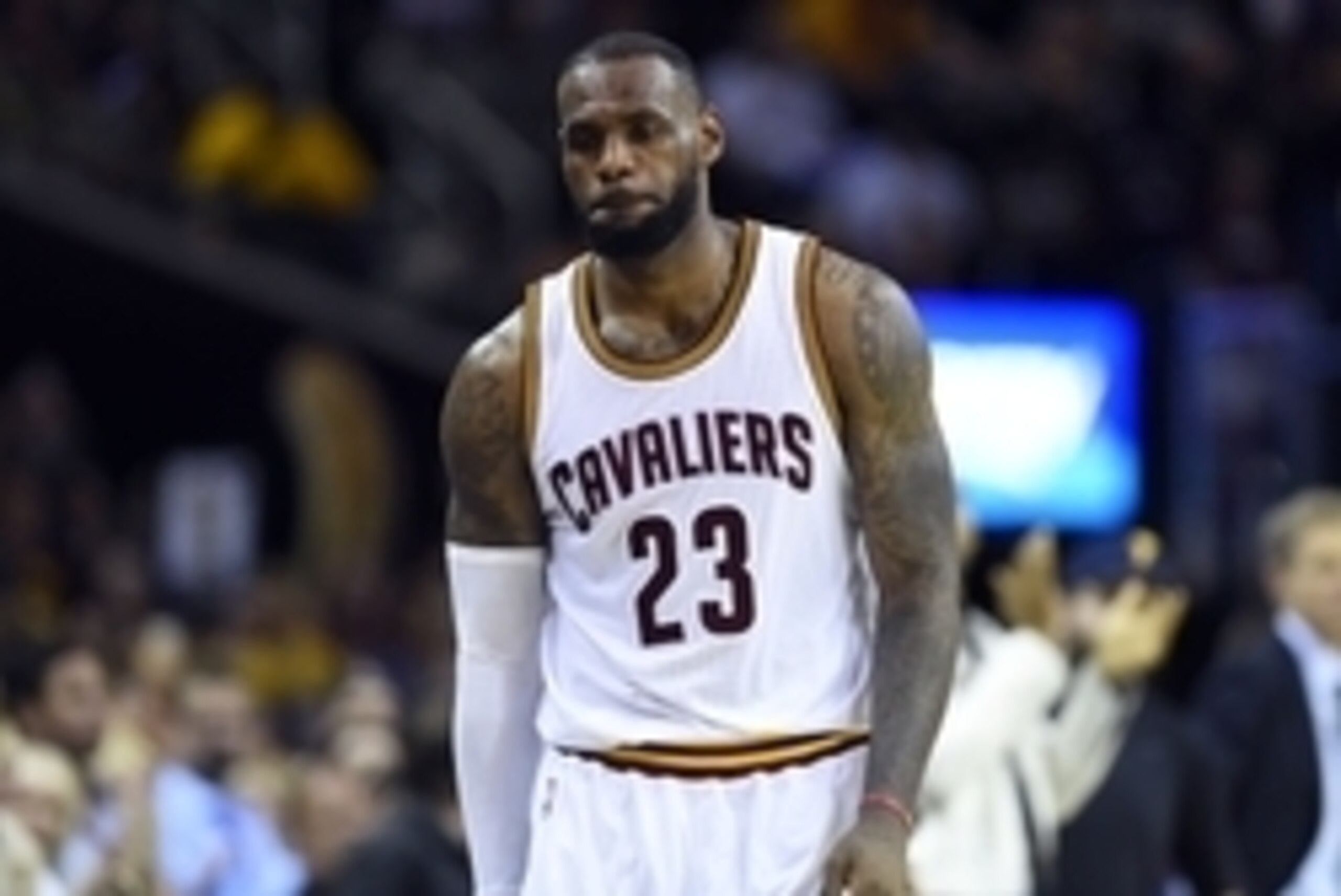 Jun 16, 2015; Cleveland, OH, USA; Cleveland Cavaliers forward LeBron James (23) walks off the court after loosing to the Golden State Warriors in game six of the NBA Finals at Quicken Loans Arena. Mandatory Credit: Bob Donnan-USA TODAY Sports