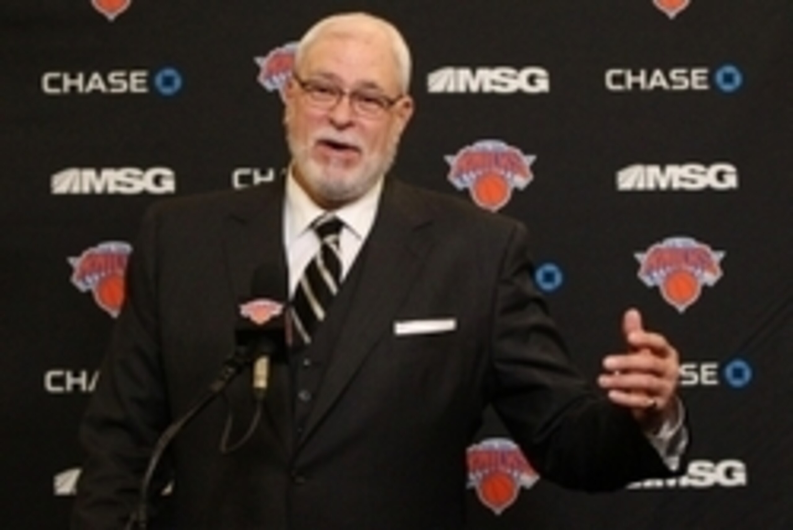 Jan 10, 2015; New York, NY, USA; New York Knicks president Phil Jackson addresses the media before the start of game against the Charlotte Hornets at Madison Square Garden. Mandatory Credit: Noah K. Murray-USA TODAY Sports