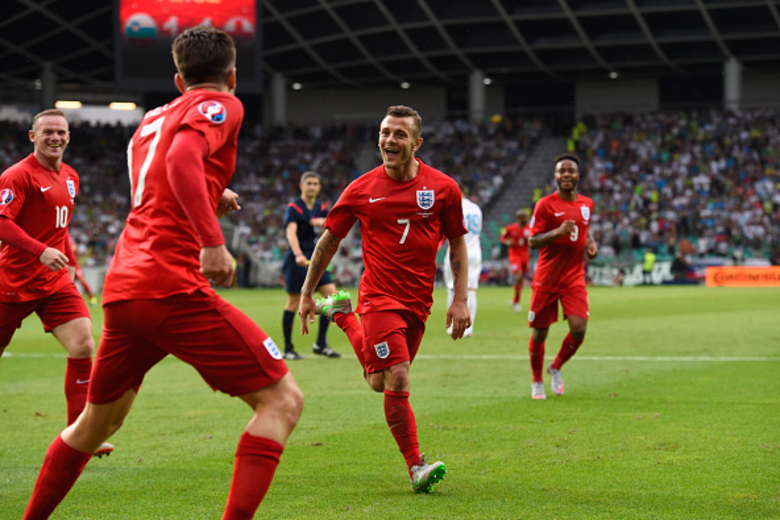 LJUBLJANA, SLOVENIA - JUNE 14: England player Jack Wilshere (c) celebrates his second goal during the UEFA EURO 2016 Qualifier between Slovenia and England on at the Stozice Arena on June 14, 2015 in Ljubljana, Slovenia. (Photo by Stu Forster/Getty Imag LJUBLJANA, SLOVENIA - JUNE 14: England player Jack Wilshere (c) celebrates his second goal during the UEFA EURO 2016 Qualifier between Slovenia and England on at the Stozice Arena on June 14, 2015 in Ljubljana, Slovenia. (Photo by Stu Forster/Getty Imag