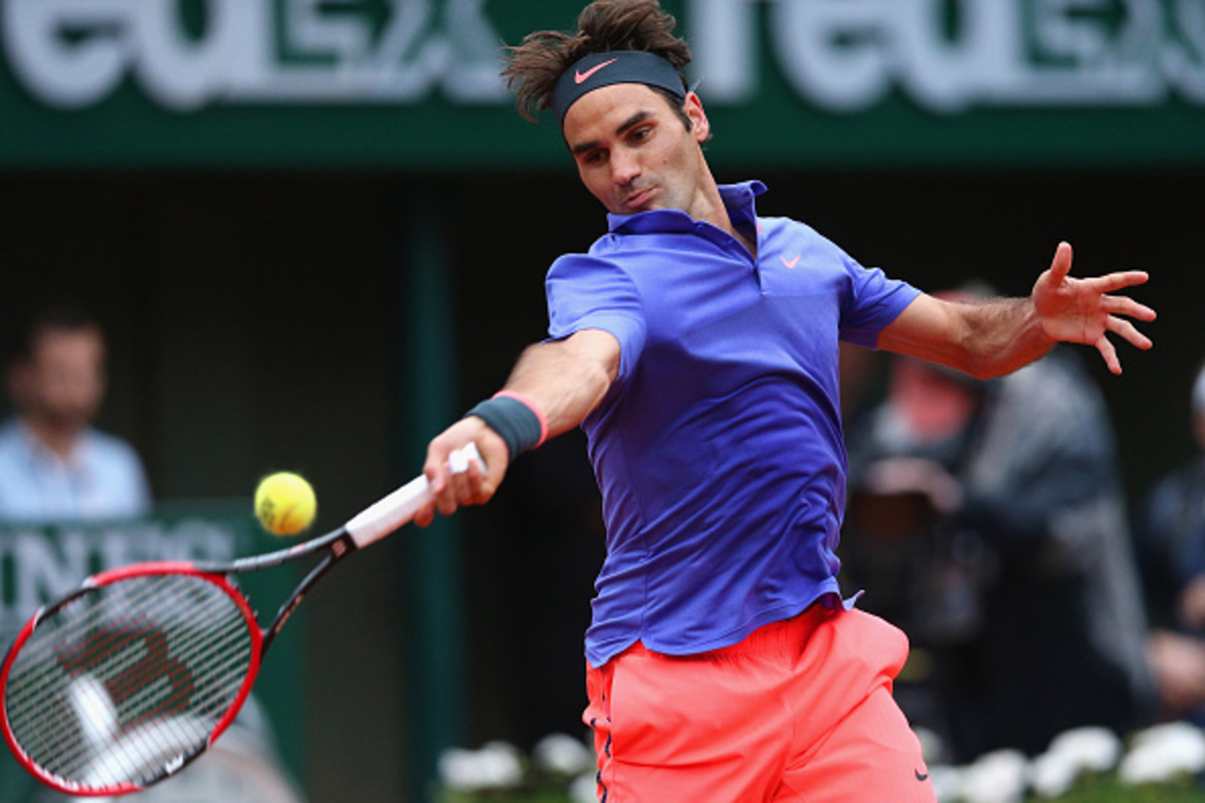 PARIS, FRANCE - MAY 31:  Roger Federer of Switzerland plays a forehand in his Men's Singles match against Gael Monfils of France on day eight of the 2015 French Open at Roland Garros on May 31, 2015 in Paris, France.  (Photo by Clive Brunskill/Getty Image