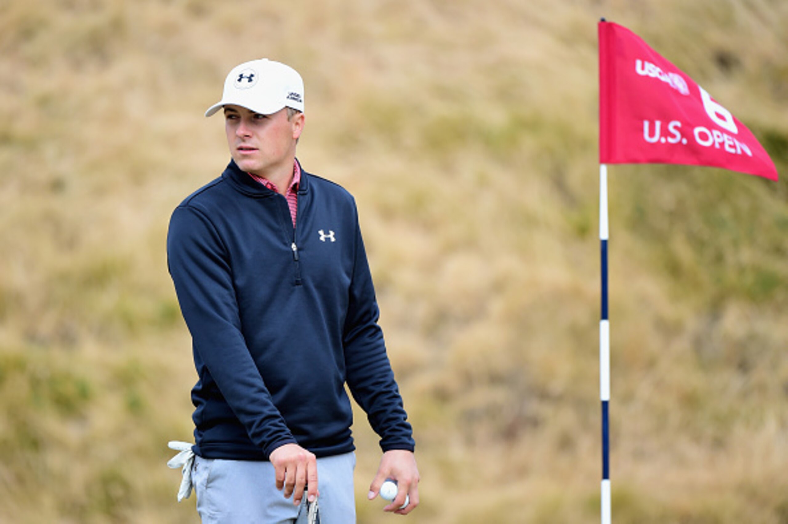 UNIVERSITY PLACE, WA - JUNE 16:  Jordan Spieth of the United States looks on from the sixth green during a practice round prior to the start of the 115th U.S. Open Championship at Chambers Bay on June 16, 2015 in University Place, Washington.  (Photo by H