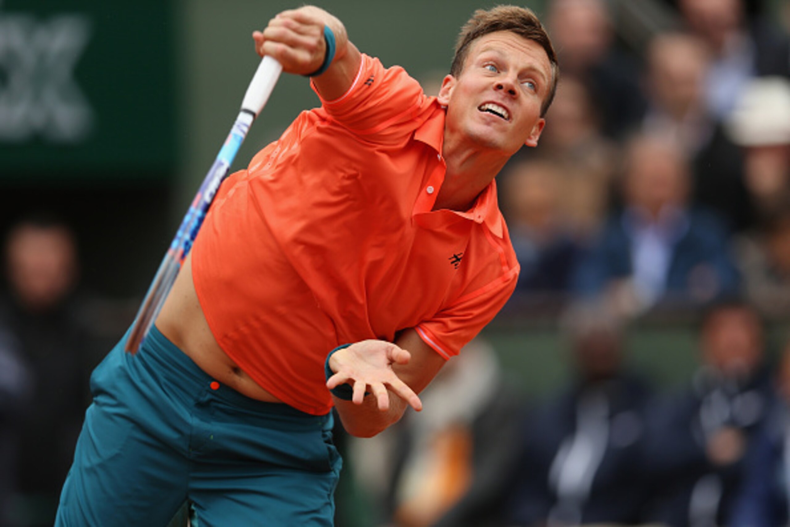 PARIS, FRANCE - MAY 31:  Tomas Berdych of Czech Republic serves in his Men's Singles match against Jo-Wilfried Tsonga of France on day eight of the 2015 French Open at Roland Garros on May 31, 2015 in Paris, France.  (Photo by Clive Brunskill/Getty Images