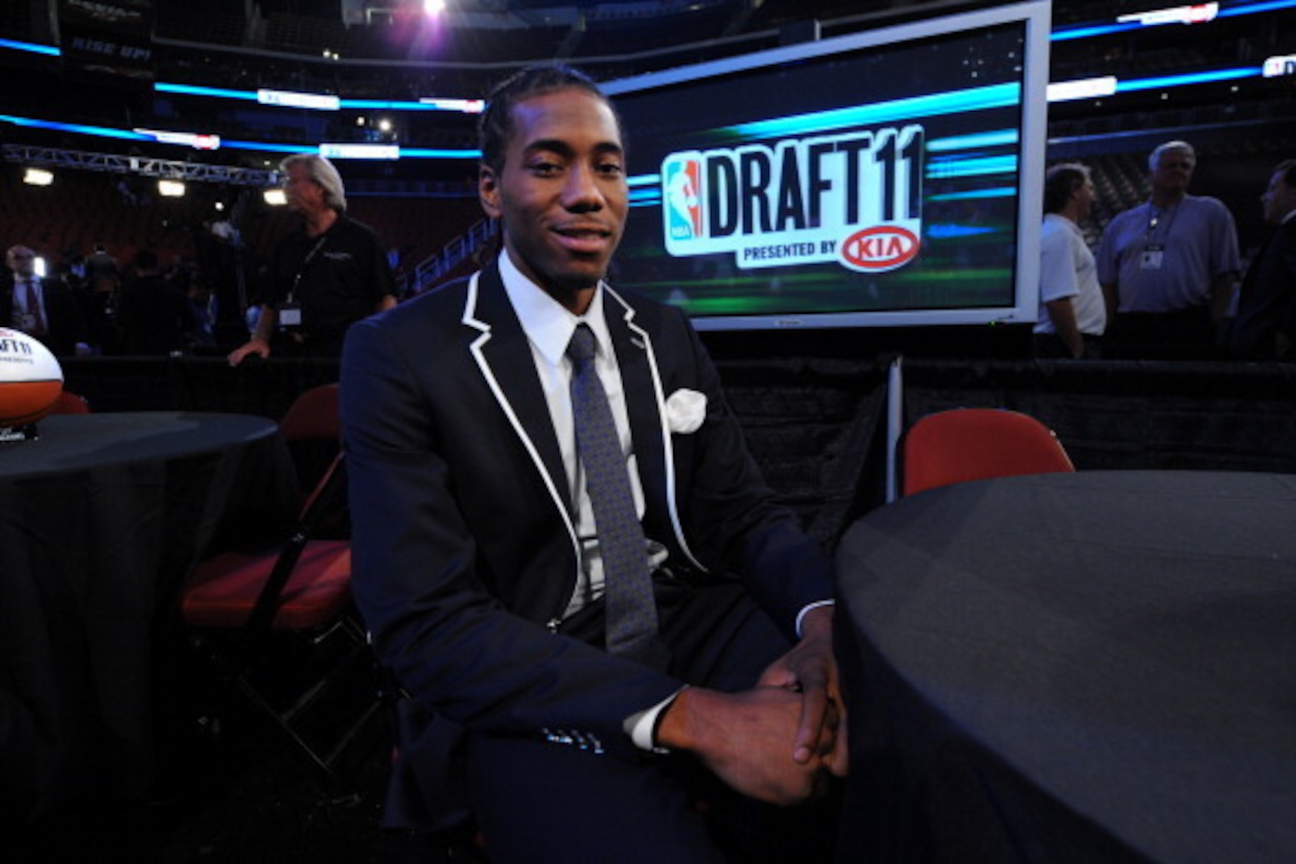 NEWARK, NJ - JUNE 23:  Kawhi Leonard from San Diego State sits prior to the 2011 NBA Draft Presented by KIA at the Prudential Center on June 23, 2011 in Newark, New Jersey. NOTE TO USER: User expressly acknowledges and agrees that, by downloading and or u