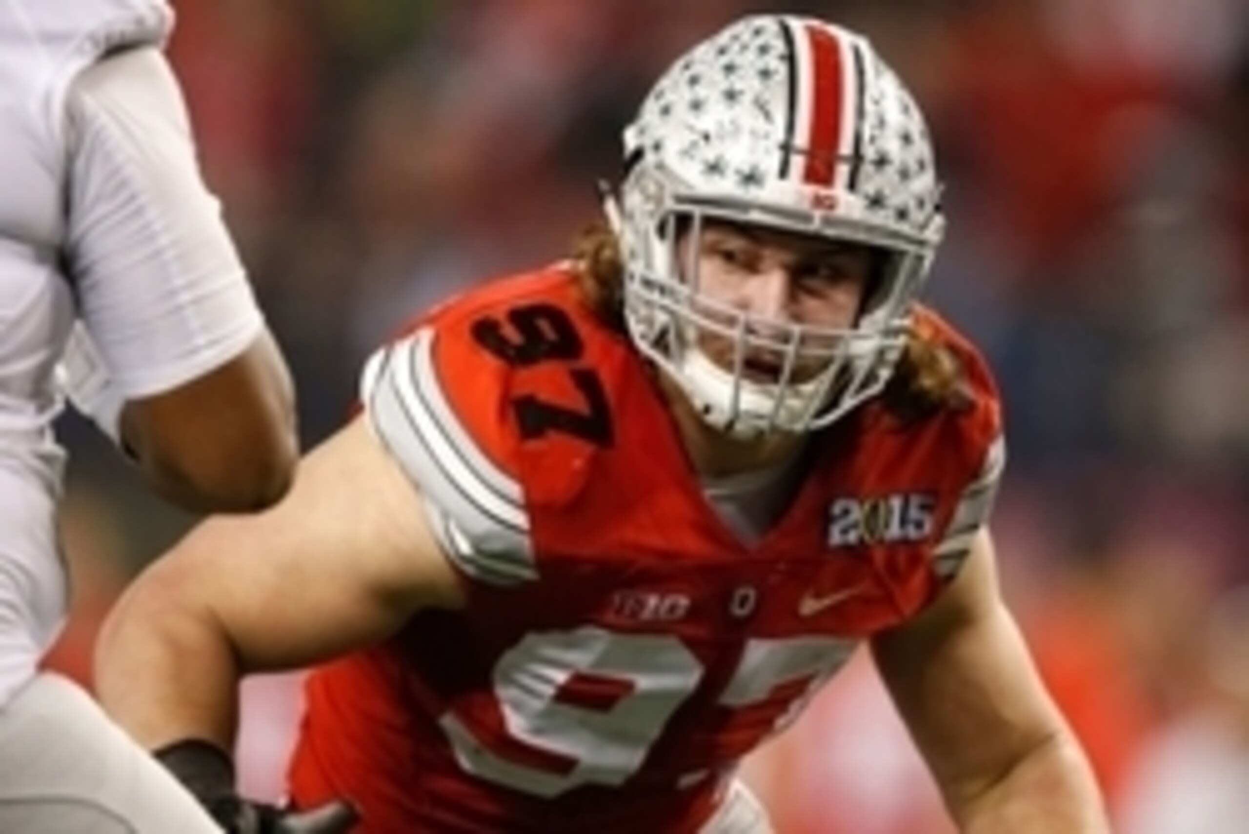 Jan 12, 2015; Arlington, TX, USA; Ohio State Buckeyes defensive lineman Joey Bosa (97) in game action against the Oregon Ducks in the 2015 CFP National Championship Game at AT&T Stadium. Ohio State won 42-20. Mandatory Credit: Tim Heitman-USA TODAY Sports