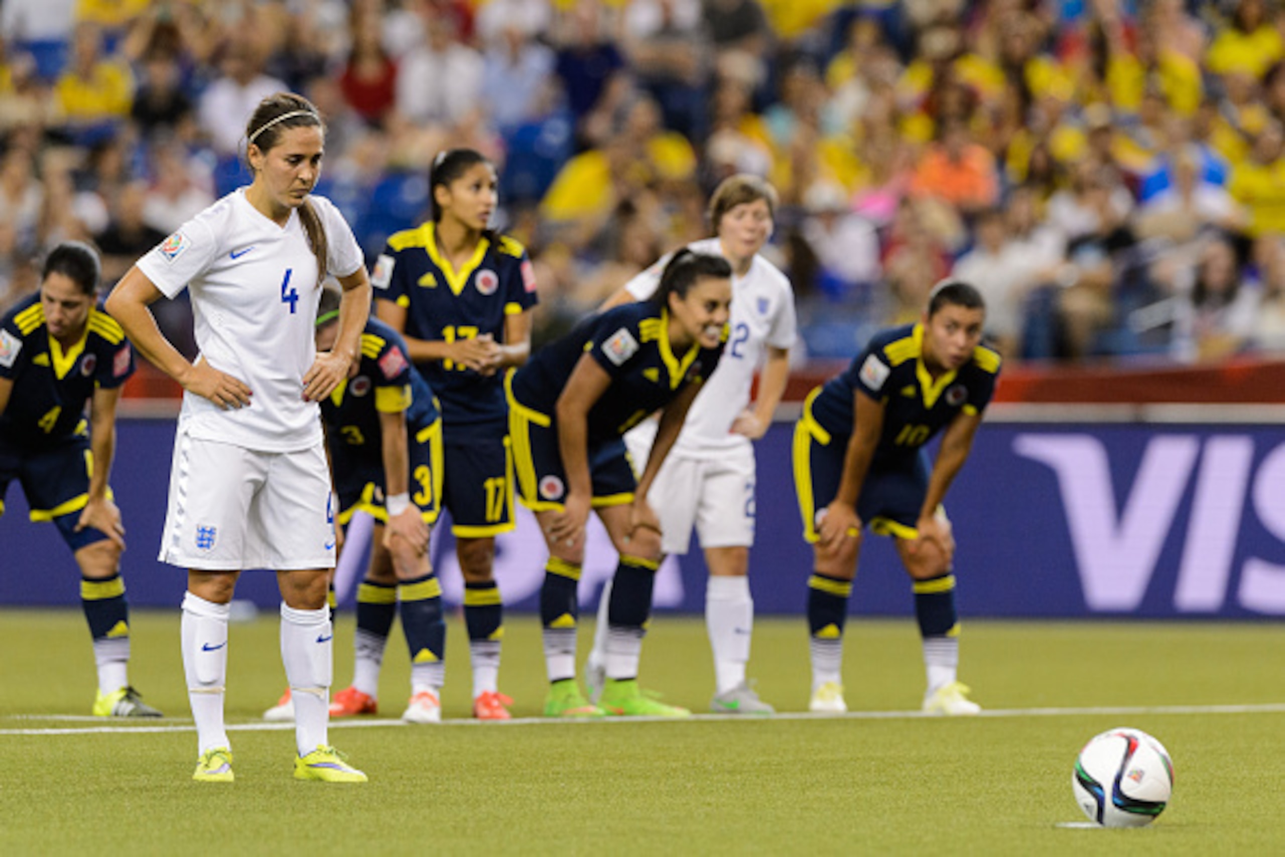 MONTREAL, QC - JUNE 17:  Fara Williams #4 of England is awarded a penalty shot in the first half during the 2015 FIFA Women's World Cup Group F match against Colombia at Olympic Stadium on June 17, 2015 in Montreal, Quebec, Canada.  (Photo by Minas Panagi