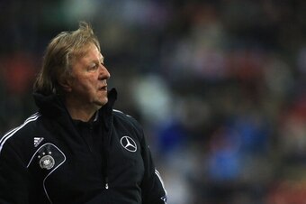 ROTHERHAM, ENGLAND - APRIL 16:  Horst Hrubesch, Coach of Germany looks on during the  Under 18 International Friendly match between England U18 and Germany U18 at The New York Stadium on April 16, 2014 in Rotherham, England.  (Photo by Matthew Lewis/Getty