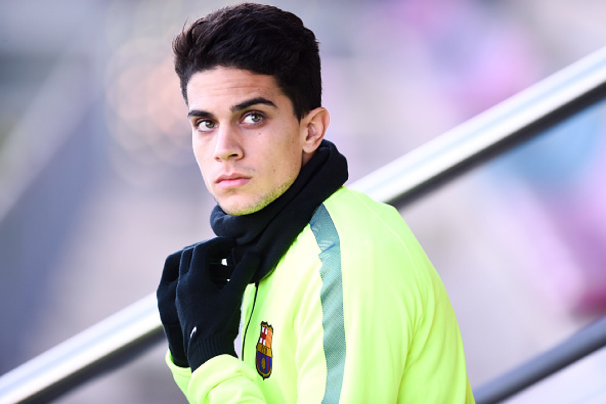 BARCELONA, SPAIN - DECEMBER 09:  Marc Bartra of FC Barcelona looks on during a training session ahead of their UEFA Champions League Group F match against Paris Saint-Germain FC at Ciutat Esportiva on December 9, 2014 in Barcelona, Spain.  (Photo by David