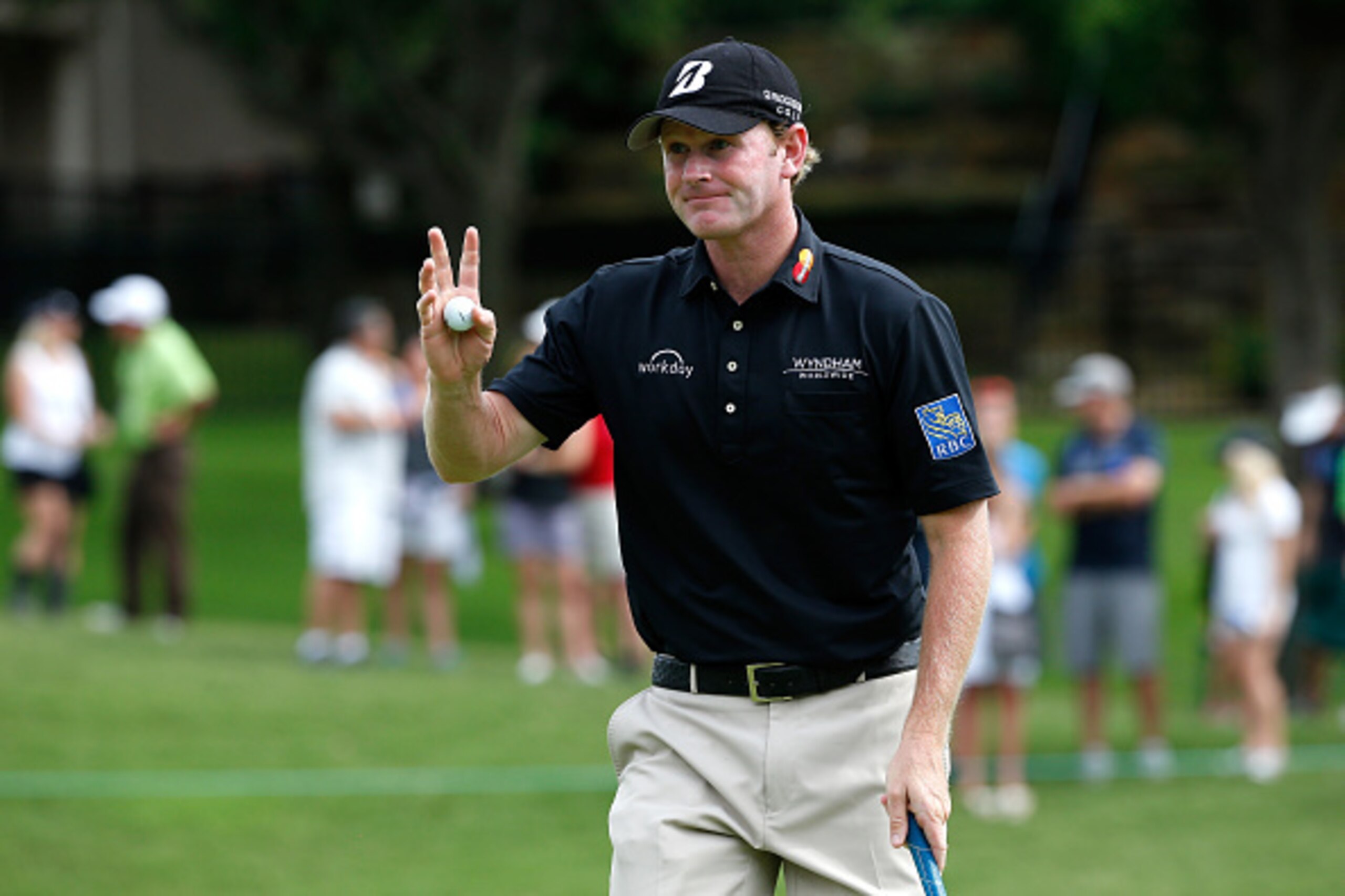 IRVING, TX - MAY 29:  Brandt Snedeker waves to the gallery after a putt on the fifth hole during Round Two of the AT&T Byron Nelson at the TPC Four Seasons Resort Las Colinas on May 29, 2015 in Irving, Texas.  (Photo by Tom Pennington/Getty Images)