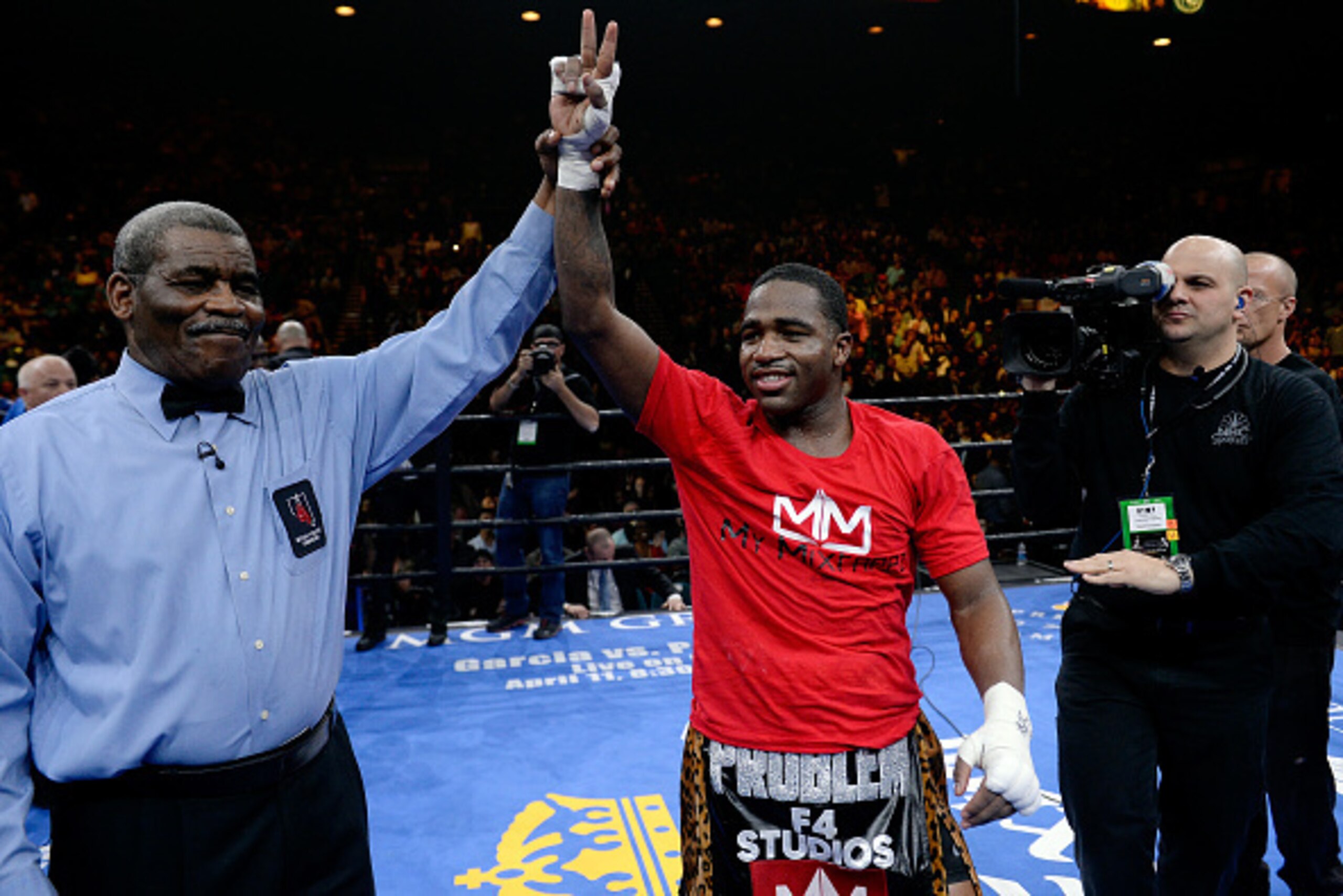 LAS VEGAS, NV - MARCH 07:  Adrien Broner celebrates after defeating John Molina Jr. in a Premier Boxing Champions bout in the MGM Grand Garden Arena on March 7, 2015 in Las Vegas, Nevada.  (Photo by Harry How/Getty Images)