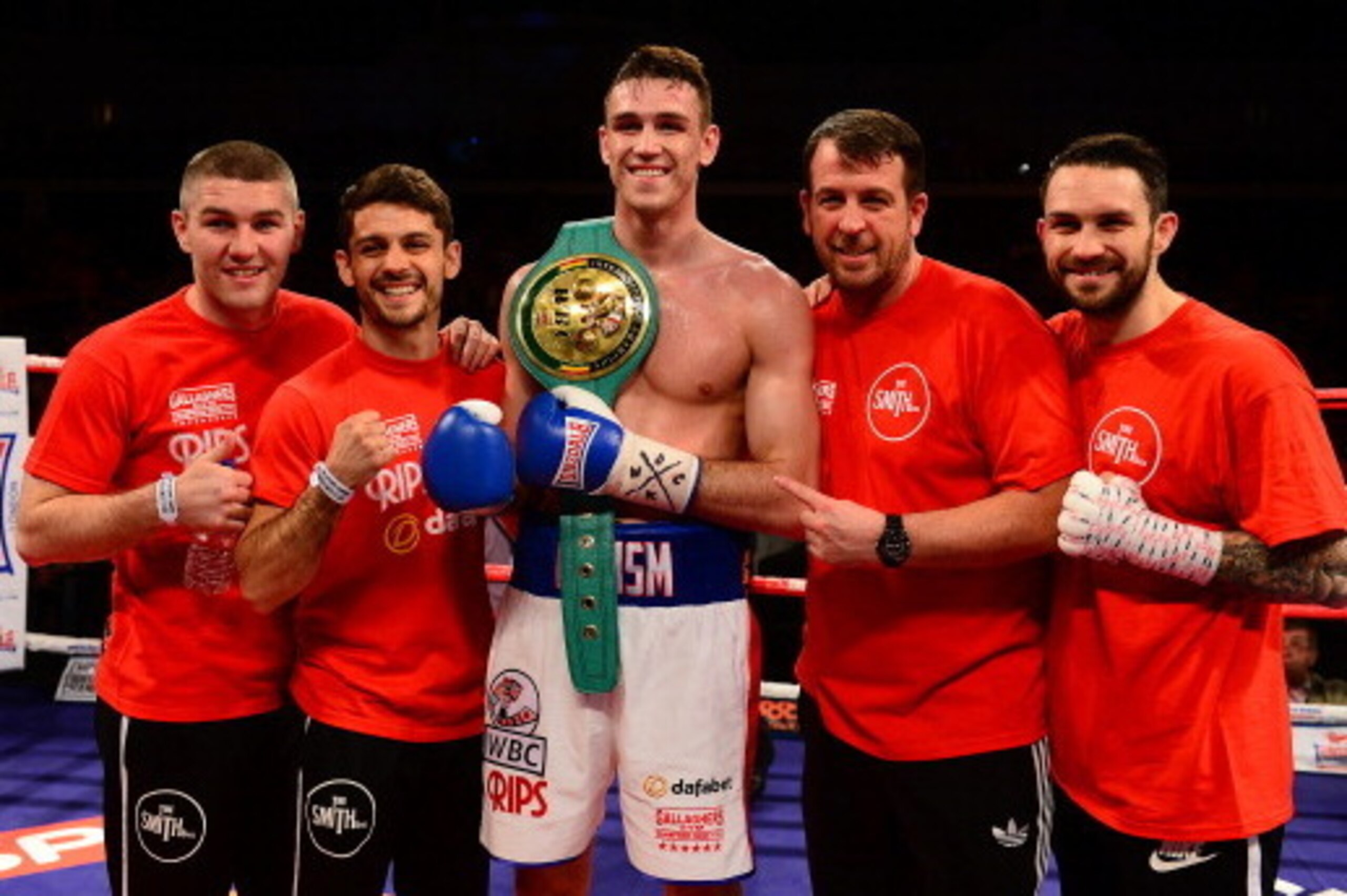 CARDIFF, WALES - MAY 17:  Callum Smith (c) celebrates with his team after defeating Tobias Webb during their WBC International Super Middleweight Title bout at the Motorpoint Arena on May 17, 2014 in Cardiff, Wales.  (Photo by Dan Mullan/Getty Images)