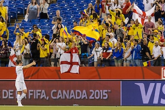 MONTREAL, QC - JUNE 17:  Jodie Taylor #19 of England acknowledges the fans during the 2015 FIFA Women's World Cup Group F match against Colombia at Olympic Stadium on June 17, 2015 in Montreal, Quebec, Canada.  (Photo by Minas Panagiotakis/Getty Images)