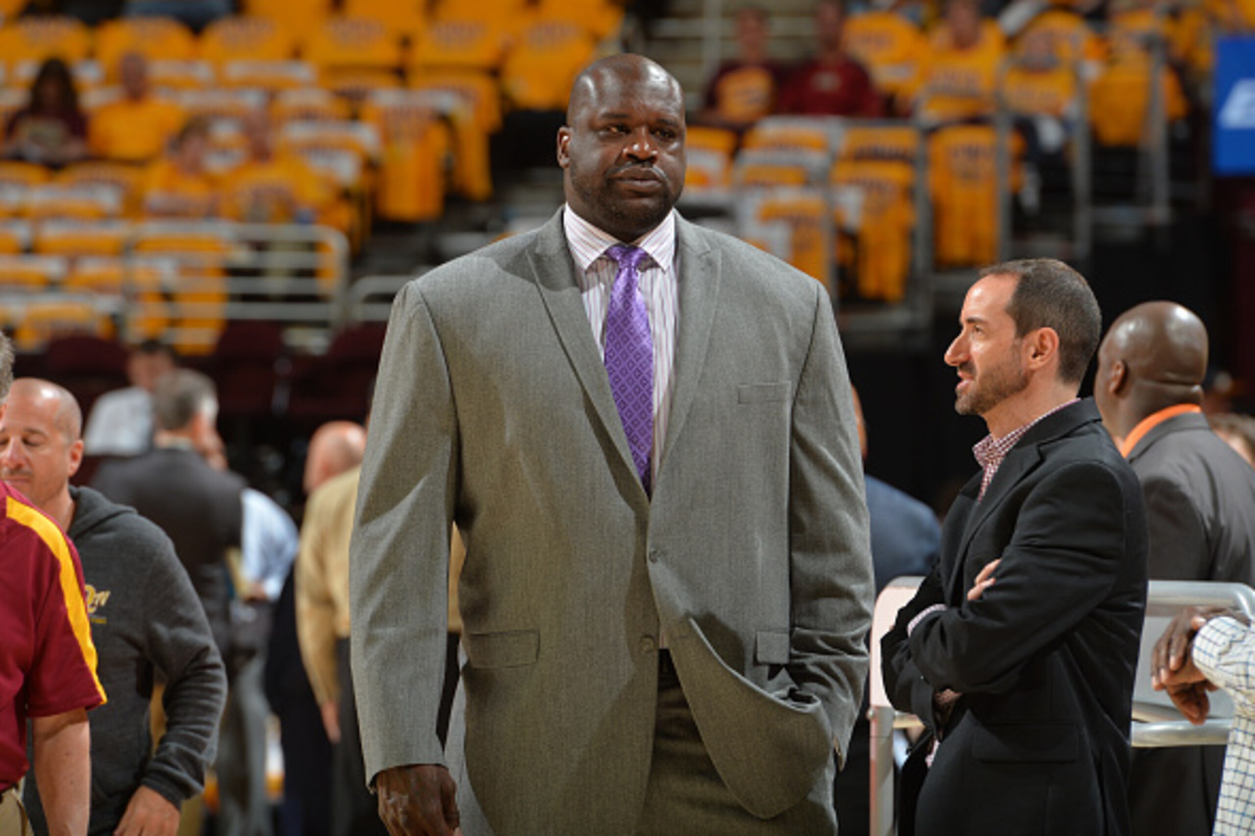 CLEVELAND,OH :  Shaquille O'Neal looks on prior to  the Cleveland Cavaliers against the Atlanta Hawks at the Quicken Loans Arena During Game Three of the Eastern Conference Finals during the 2015 NBA Playoffs on May 24, 2015 in Cleveland,Ohio NOTE TO USER