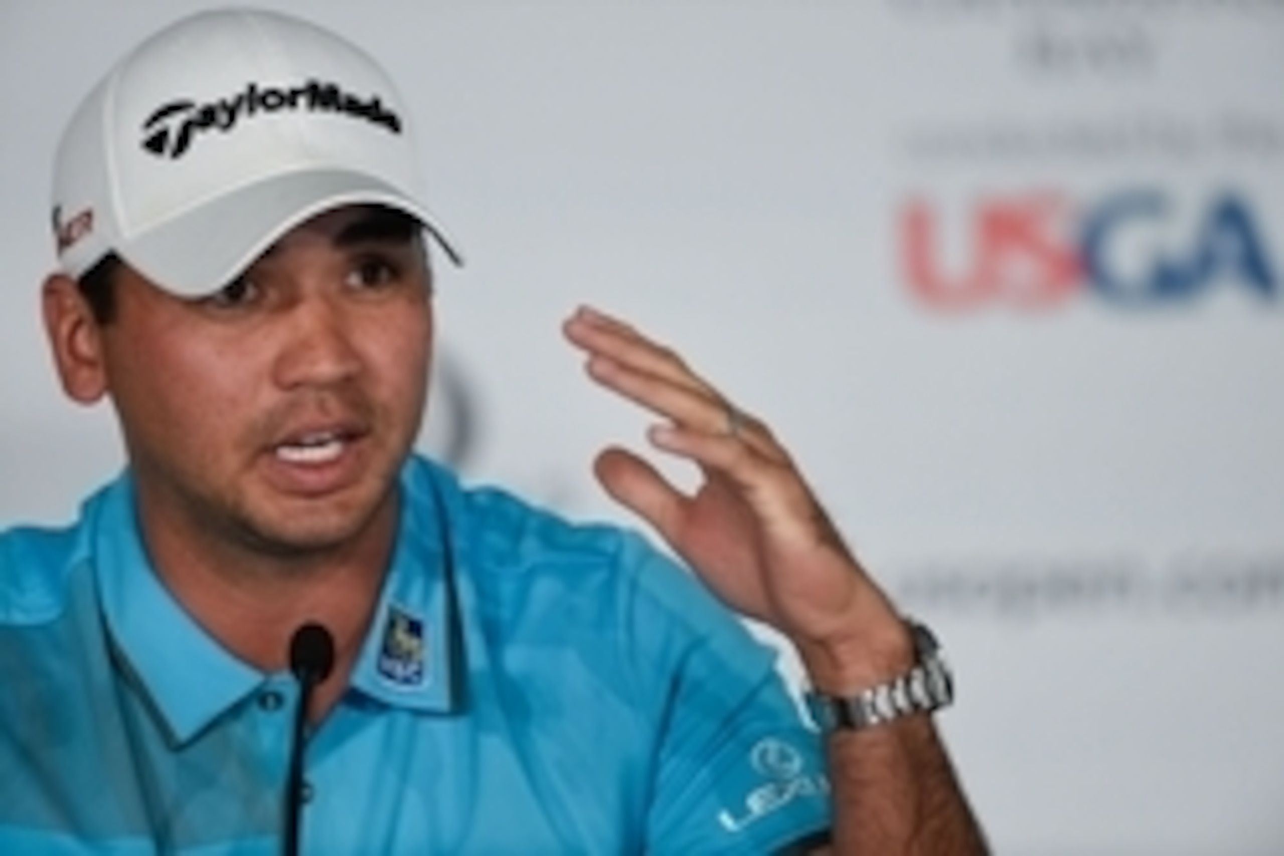 Jun 15, 2015; University Place, WA, USA; Jason Day addresses the media in a press conference during practice rounds on Monday at Chambers Bay. Mandatory Credit: John David Mercer-USA TODAY Sports