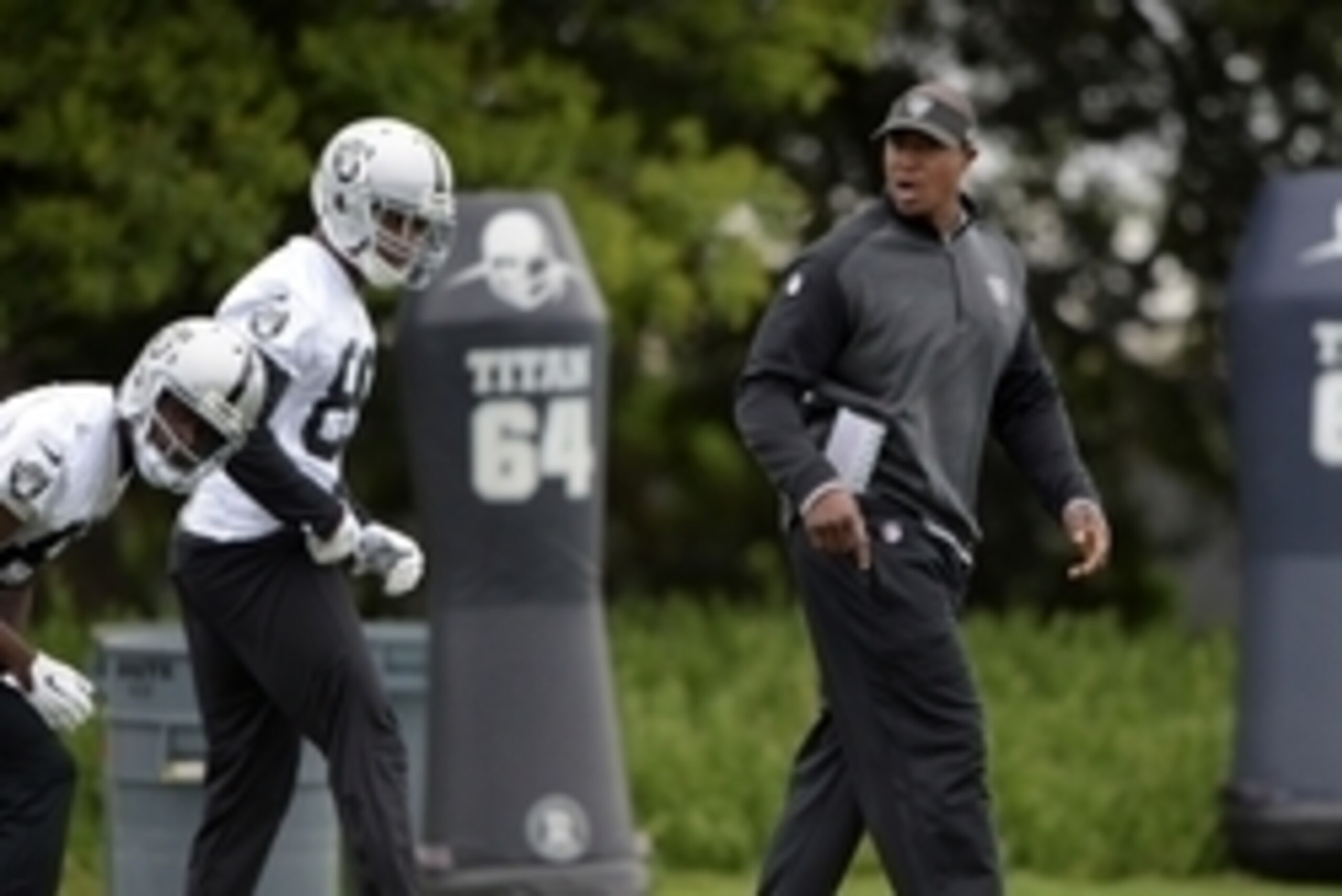 May 19, 2015; Alameda, CA, USA; Oakland Raiders receivers coach Rob Moore and receiver Amari Cooper (89) at organized team activities at the Raiders practice facility. Mandatory Credit: Kirby Lee-USA TODAY Sports