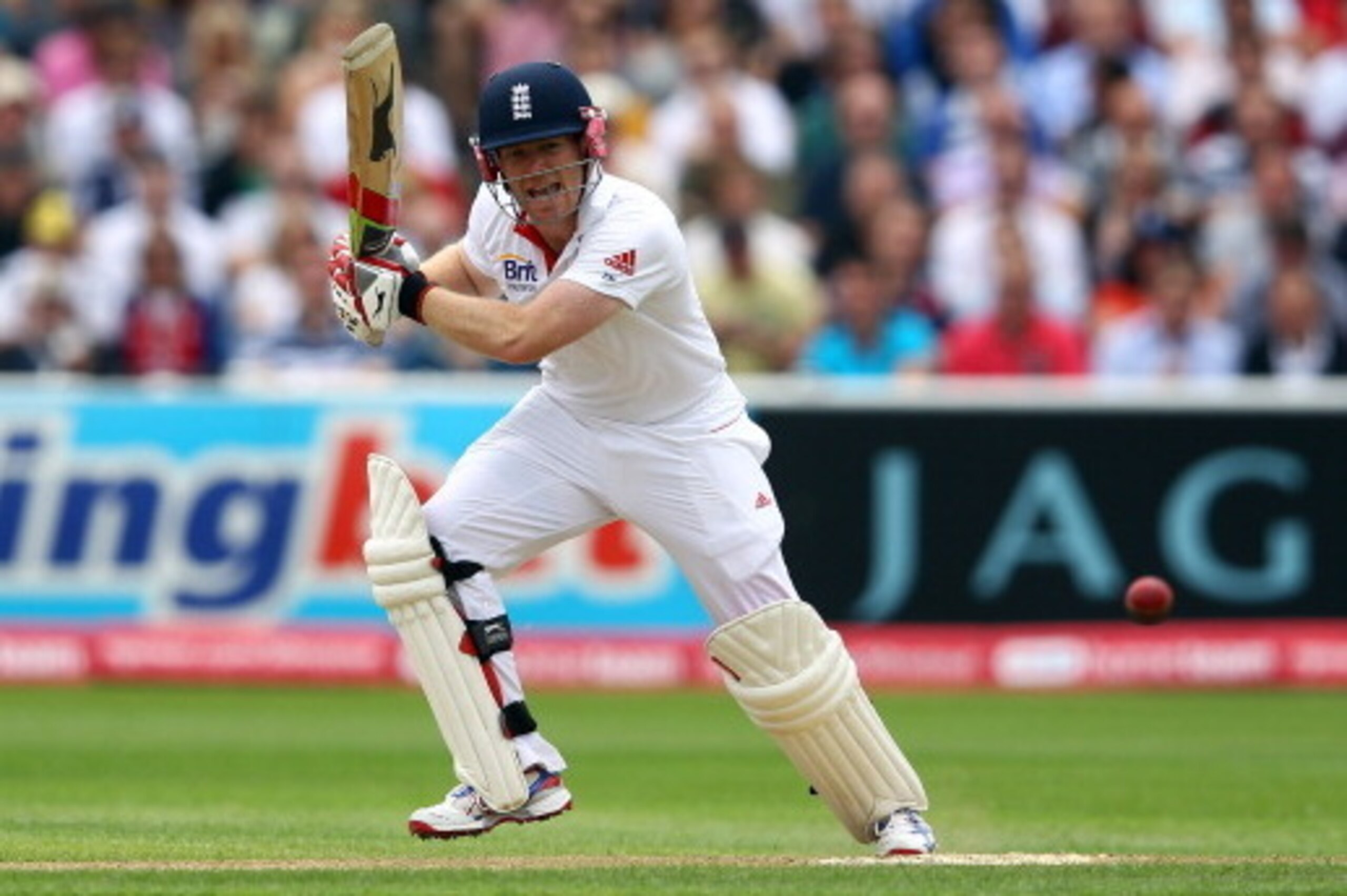 BIRMINGHAM, ENGLAND - AUGUST 12:  Eoin Morgan of England clips the ball away during day three of the 3rd npower Test at Edgbaston on August 12, 2011 in Birmingham, England.  (Photo by Richard Heathcote/Getty Images)