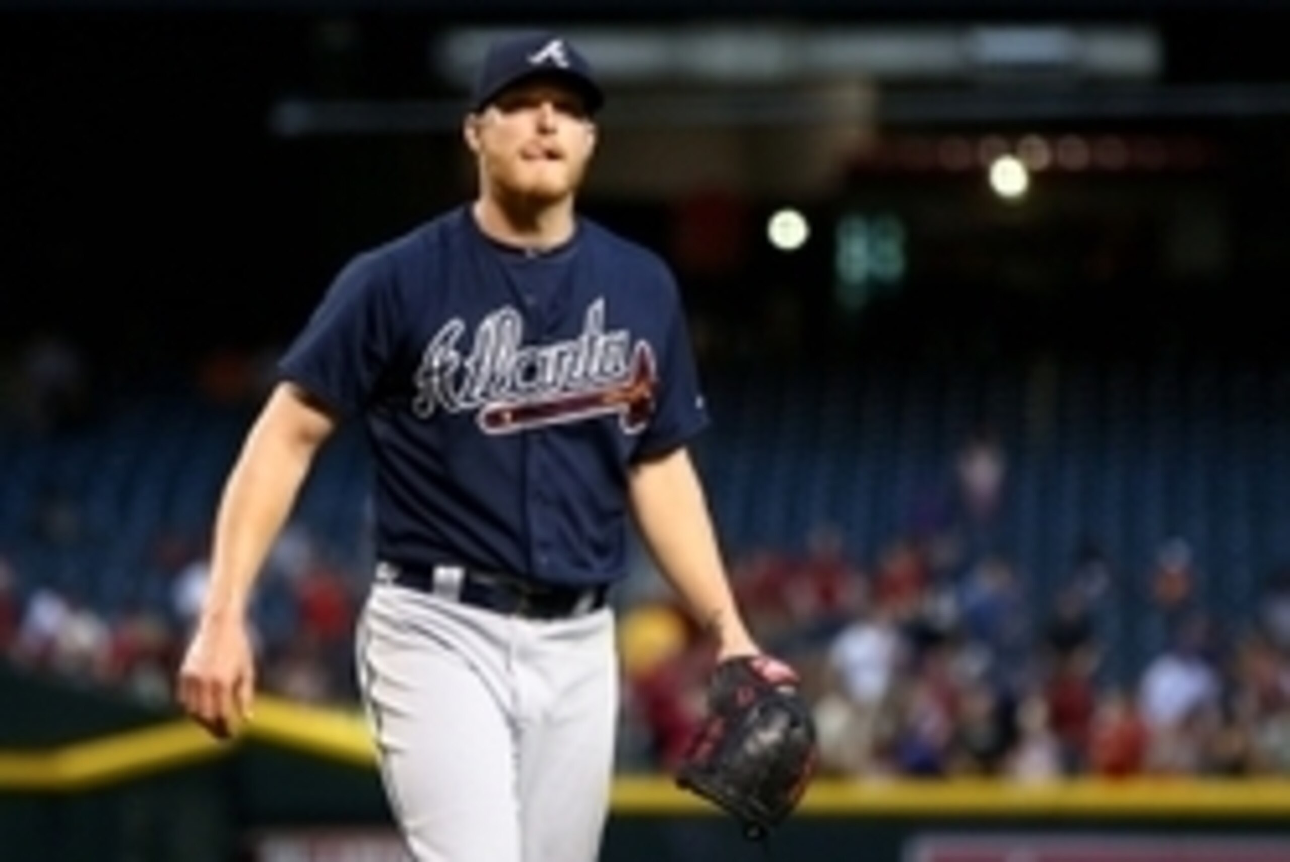 Jun 2, 2015; Phoenix, AZ, USA; Atlanta Braves pitcher Shelby Miller reacts against the Arizona Diamondbacks at Chase Field. The Diamondbacks defeated the Braves 7-6. Mandatory Credit: Mark J. Rebilas-USA TODAY Sports