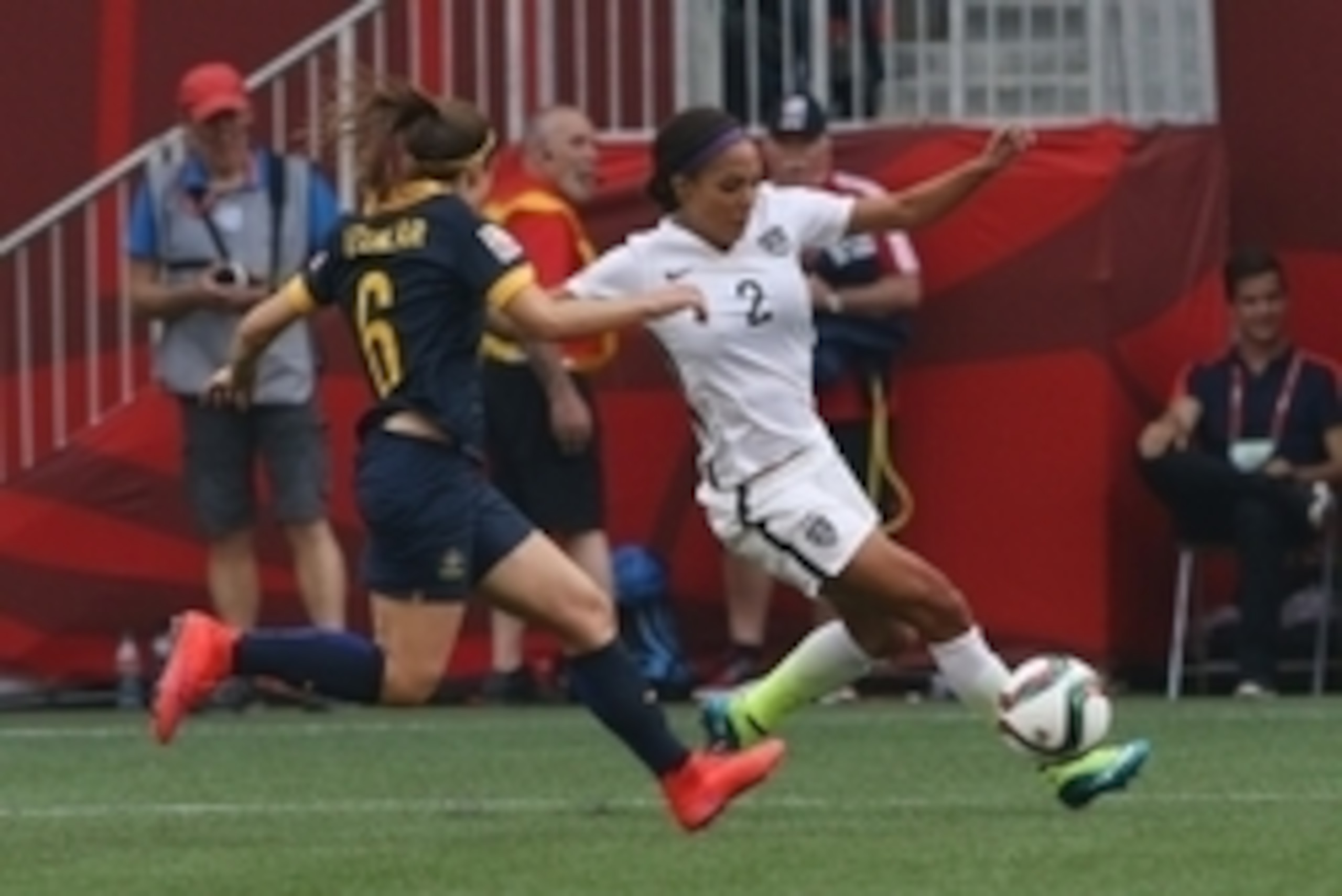 Jun 8, 2015; Winnipeg, Manitoba, CAN; United States forward Sydney Leroux (2) runs against Australia defender Servet Uzunlar (6) in a Group D soccer match in the 2015 women's World Cup at Winnipeg Stadium. Mandatory Credit: Bruce Fedyck-USA TODAY Sports Jun 8, 2015; Winnipeg, Manitoba, CAN; United States forward Sydney Leroux (2) runs against Australia defender Servet Uzunlar (6) in a Group D soccer match in the 2015 women's World Cup at Winnipeg Stadium. Mandatory Credit: Bruce Fedyck-USA TODAY Sports