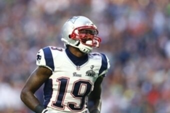 Feb 1, 2015; Glendale, AZ, USA; New England Patriots wide receiver Brandon LaFell (19) against the Seattle Seahawks in Super Bowl XLIX at University of Phoenix Stadium. Mandatory Credit: Mark J. Rebilas-USA TODAY Sports