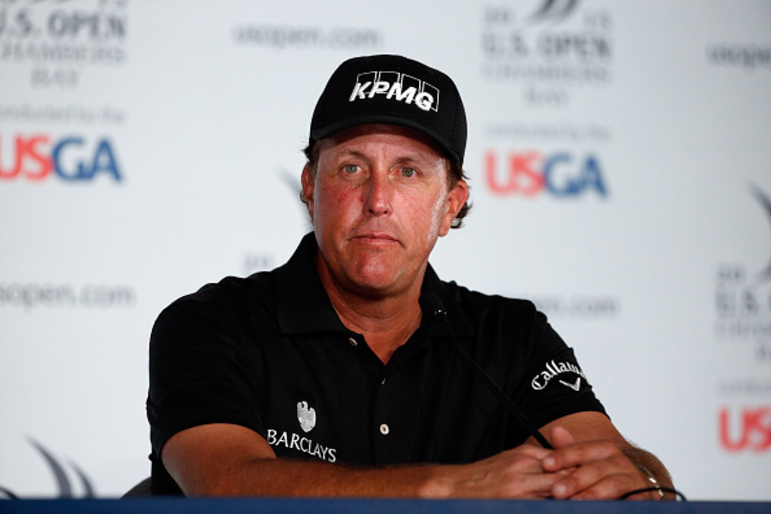 UNIVERSITY PLACE, WA - JUNE 16:  Phil Mickelson of the United States speaks to the media following a practice round prior to the start of the 115th U.S. Open Championship at Chambers Bay on June 16, 2015 in University Place, Washington.  (Photo by Scott H