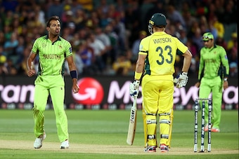 ADELAIDE, AUSTRALIA - MARCH 20: Wahab Riaz of Pakistan reacts to Shane Watson of Australia during the 2015 ICC Cricket World Cup match between Australian and Pakistan at Adelaide Oval on March 20, 2015 in Adelaide, Australia.  (Photo by Morne de Klerk/Get