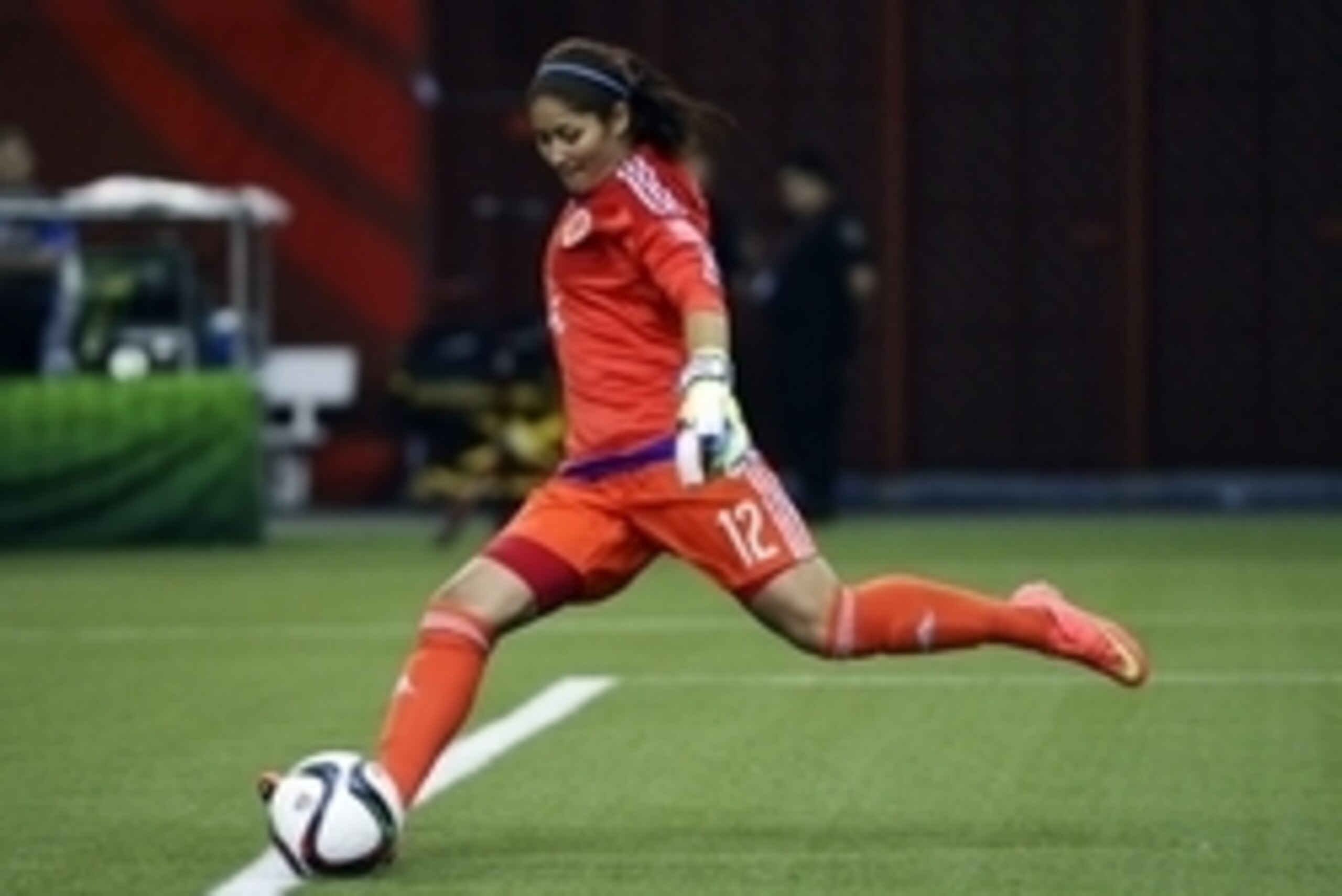 Jun 17, 2015; Montreal, Quebec, CAN; Colombia goalkeeper Sandra Sepulveda (12) with a goal kick during the game against England in a Group F soccer match in the 2015 FIFA women's World Cup at Olympic Stadium. Mandatory Credit: Jean-Yves Ahern-USA TODAY Sp