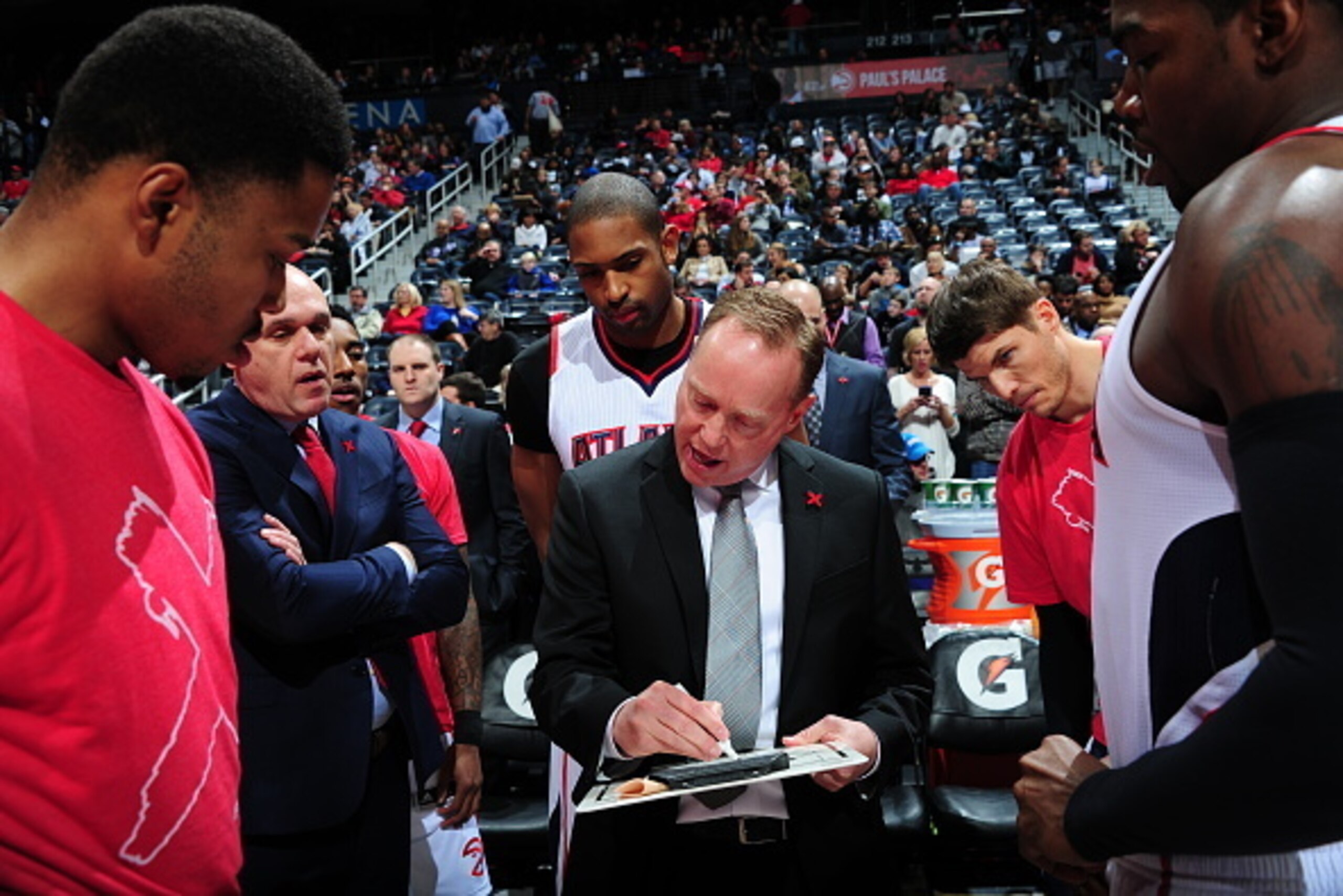 ATLANTA, GA - FEBRUARY 27: Mike Budenholzer of the Atlanta Hawks coaches during a game against the Orlando Magic on February 27, 2015 at Philips Arena in Atlanta, Georgia.  NOTE TO USER: User expressly acknowledges and agrees that, by downloading and/or u