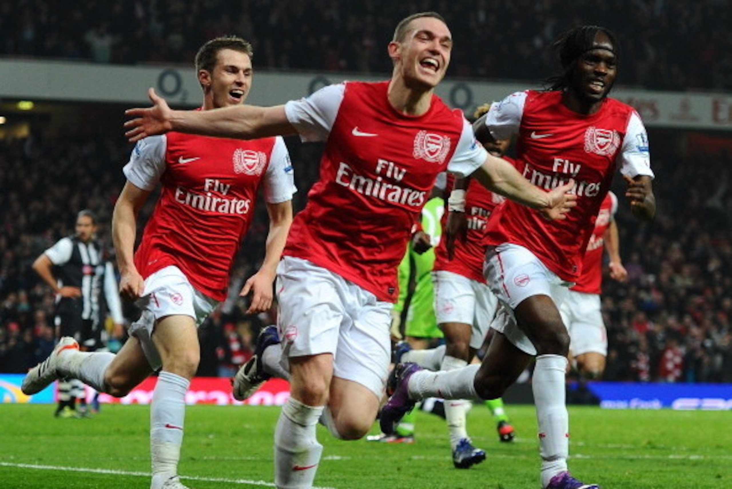 LONDON, ENGLAND - MARCH 12:  Thomas Vermaelen of Arsenal celebrates scoring their second goal during the Barclays Premier League match between Arsenal and Newcastle United at Emirates Stadium on March 12, 2012 in London, England.  (Photo by Mike Hewitt/Ge