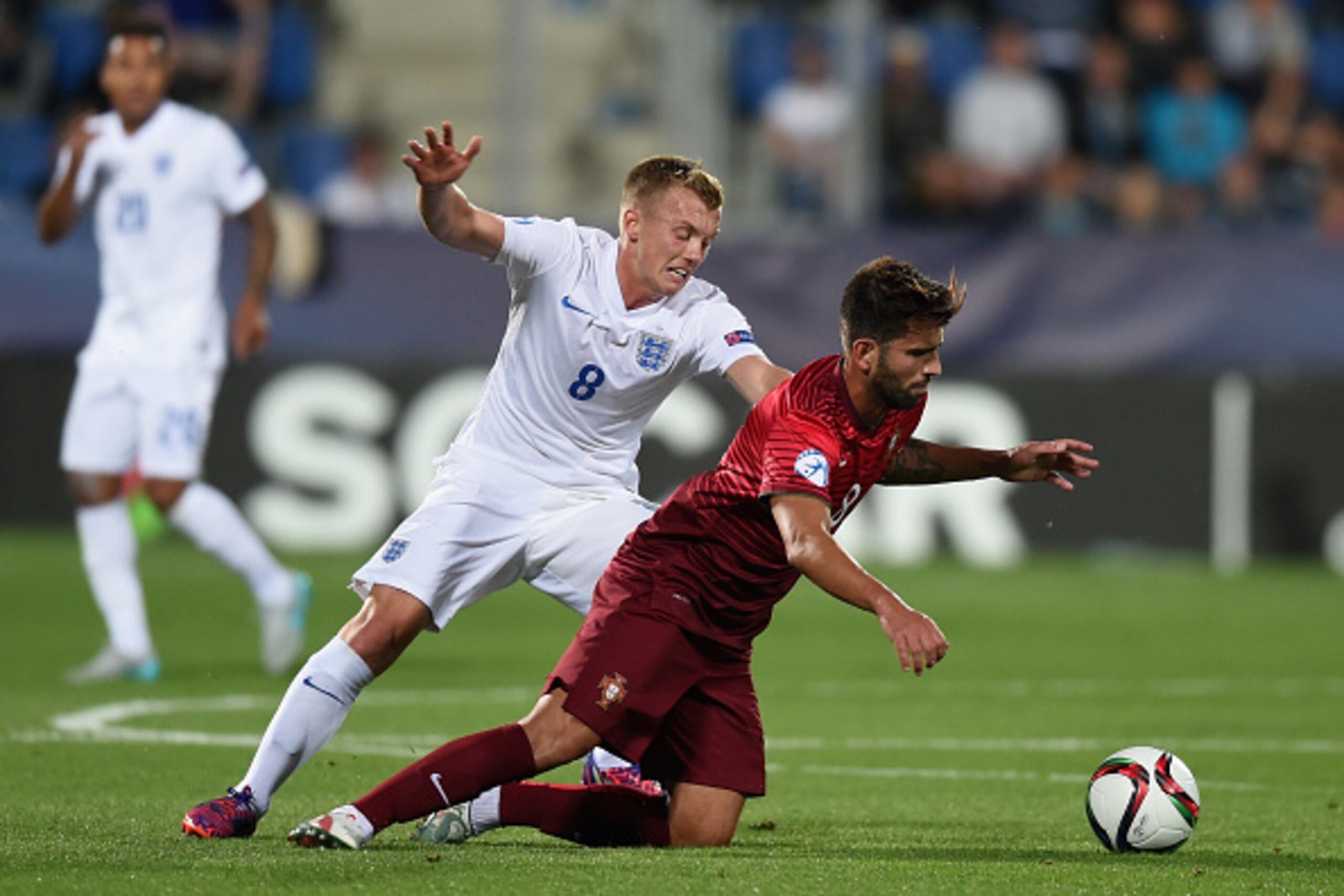 UHERSKE HRADISTE, CZECH REPUBLIC - JUNE 18:  James Ward-Prowse of England in action with Sergio Oliveira of Portugal during the UEFA Under21 European Championship 2015 Group B match between England and Portugal at Mestsky Fotbalovy Stadium on June 18, 201