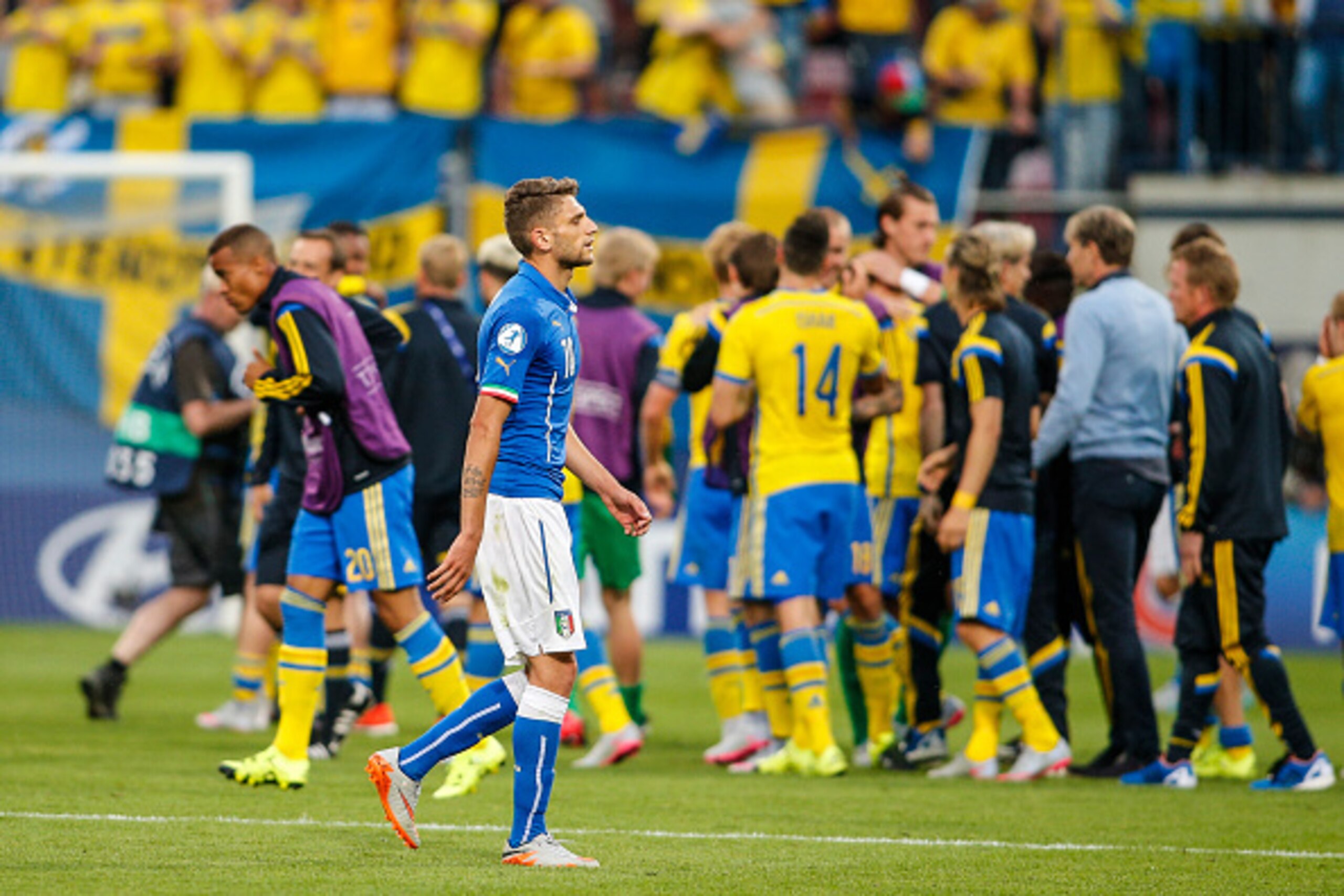 OLOMOUC, CZECH REPUBLIC - JUNE 18:  Domenico Berardi of Italy leaves the pitch disappointed after losing the UEFA Under21 European Championship between Italy and Sweden at Andruv Stadium on June 18, 2015 in Olomouc, Czech Republic.  (Photo by Christian Ho