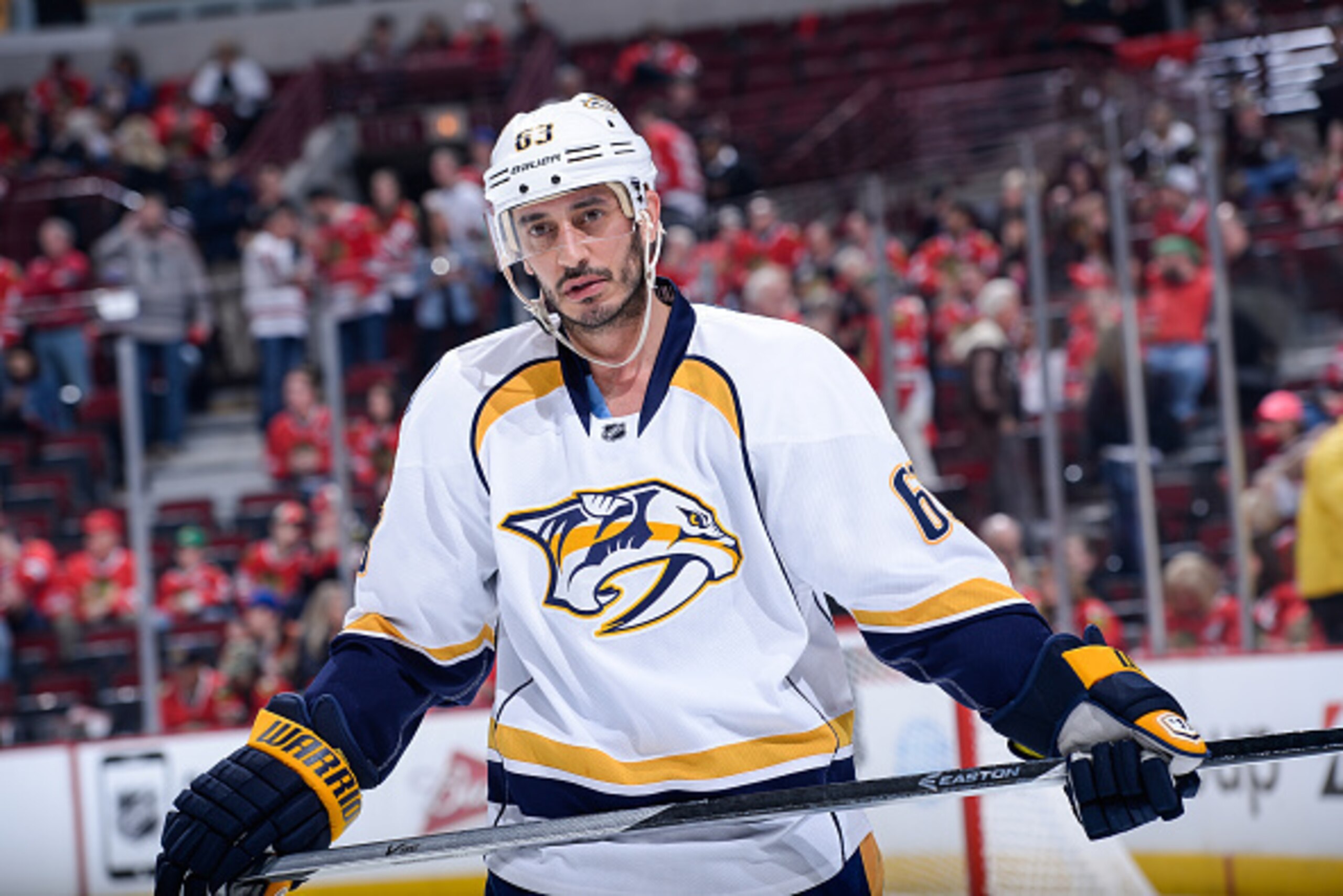 CHICAGO, IL - APRIL 19: Mike Ribeiro #63 of the Nashville Predators looks on during Game Three of the Western Conference Quarterfinals against the Chicago Blackhawks during the 2015 NHL Stanley Cup Playoffs at the United Center on April 19, 2015 in Chicag