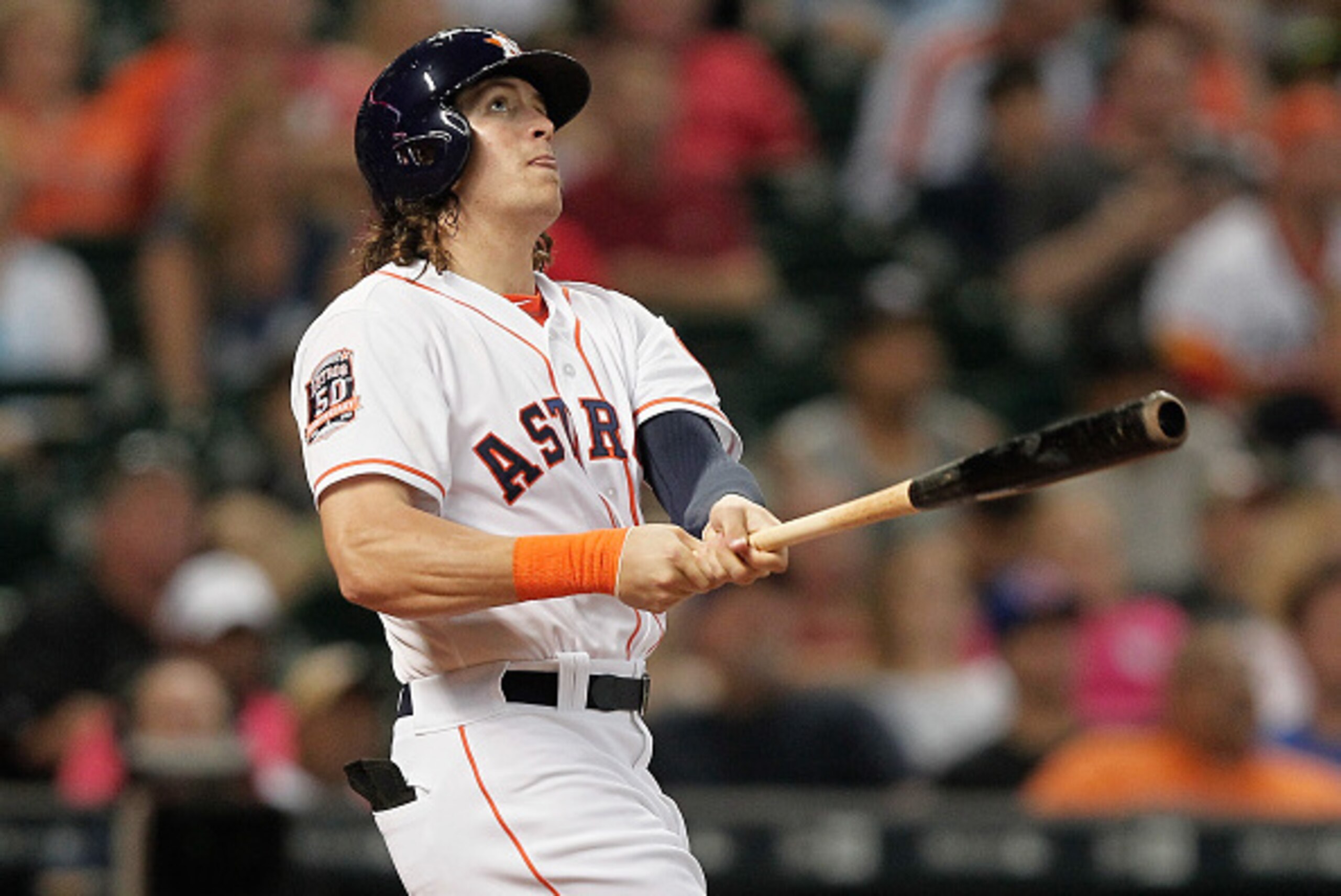HOUSTON, TX - MAY 17: Colby Rasmus #28 of the Houston Astros hits a home run in the sixth inning against the Toronto Blue Jays at Minute Maid Park on May 17, 2015 in Houston, Texas. (Photo by Bob Levey/Getty Images)