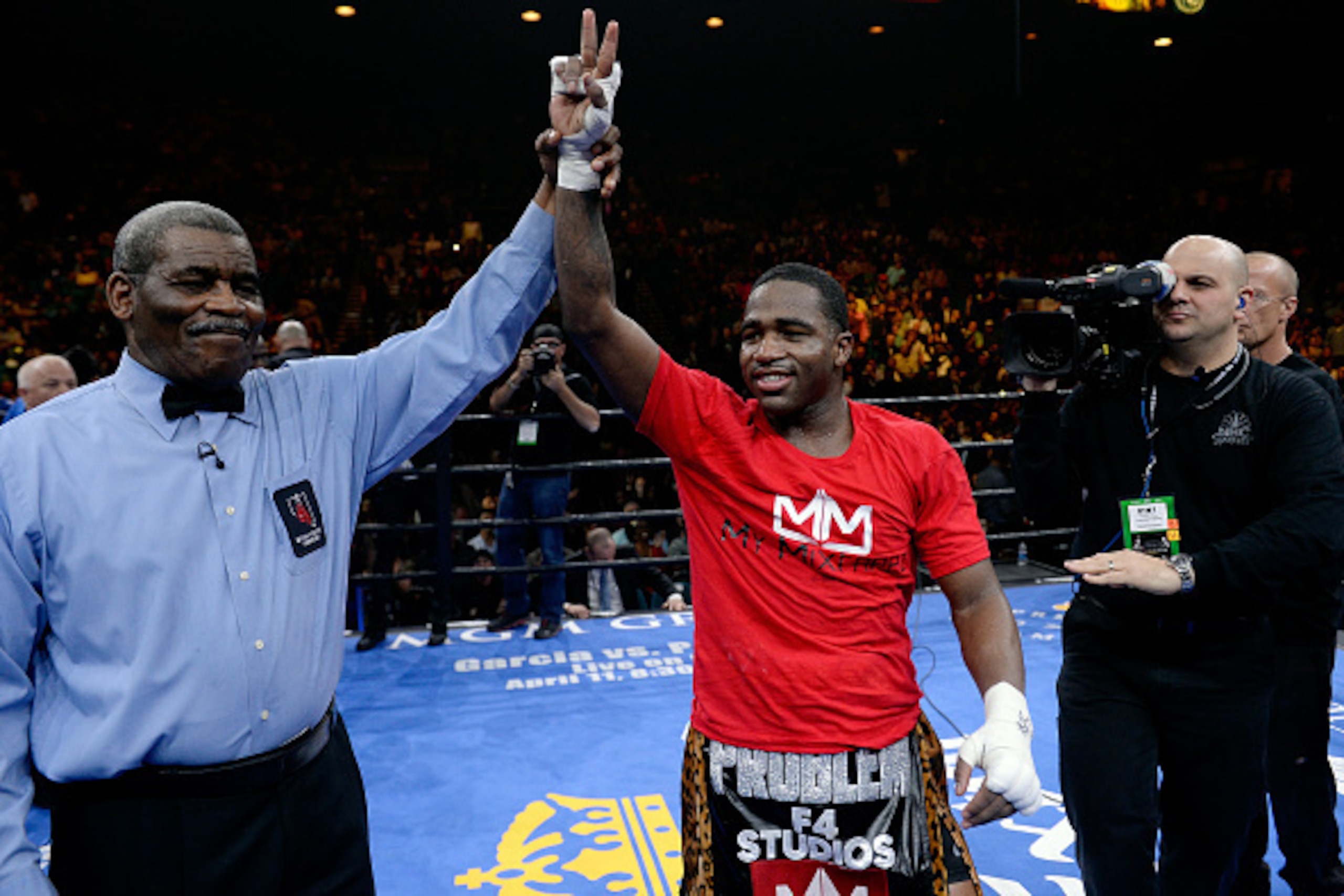 LAS VEGAS, NV - MARCH 07:  Adrien Broner celebrates after defeating John Molina Jr. in a Premier Boxing Champions bout in the MGM Grand Garden Arena on March 7, 2015 in Las Vegas, Nevada.  (Photo by Harry How/Getty Images)