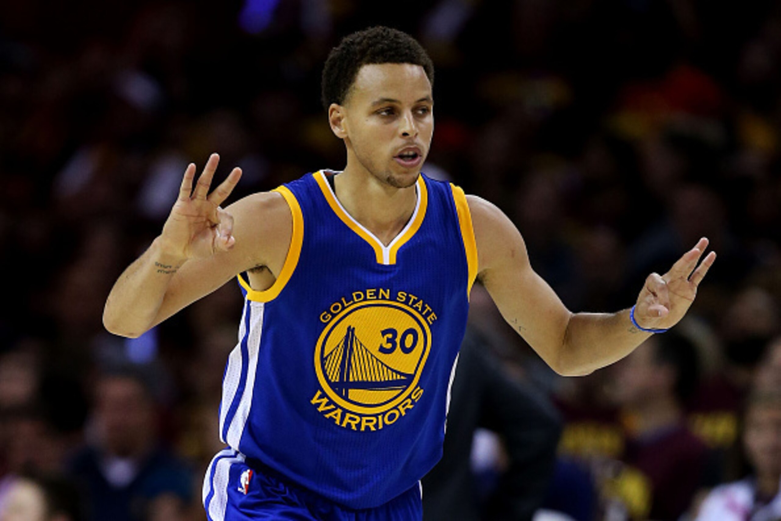 CLEVELAND, OH - JUNE 16:  Stephen Curry #30 of the Golden State Warriors celebrates in the fourth quarter against the Cleveland Cavaliers during Game Six of the 2015 NBA Finals at Quicken Loans Arena on June 16, 2015 in Cleveland, Ohio. NOTE TO USER: User