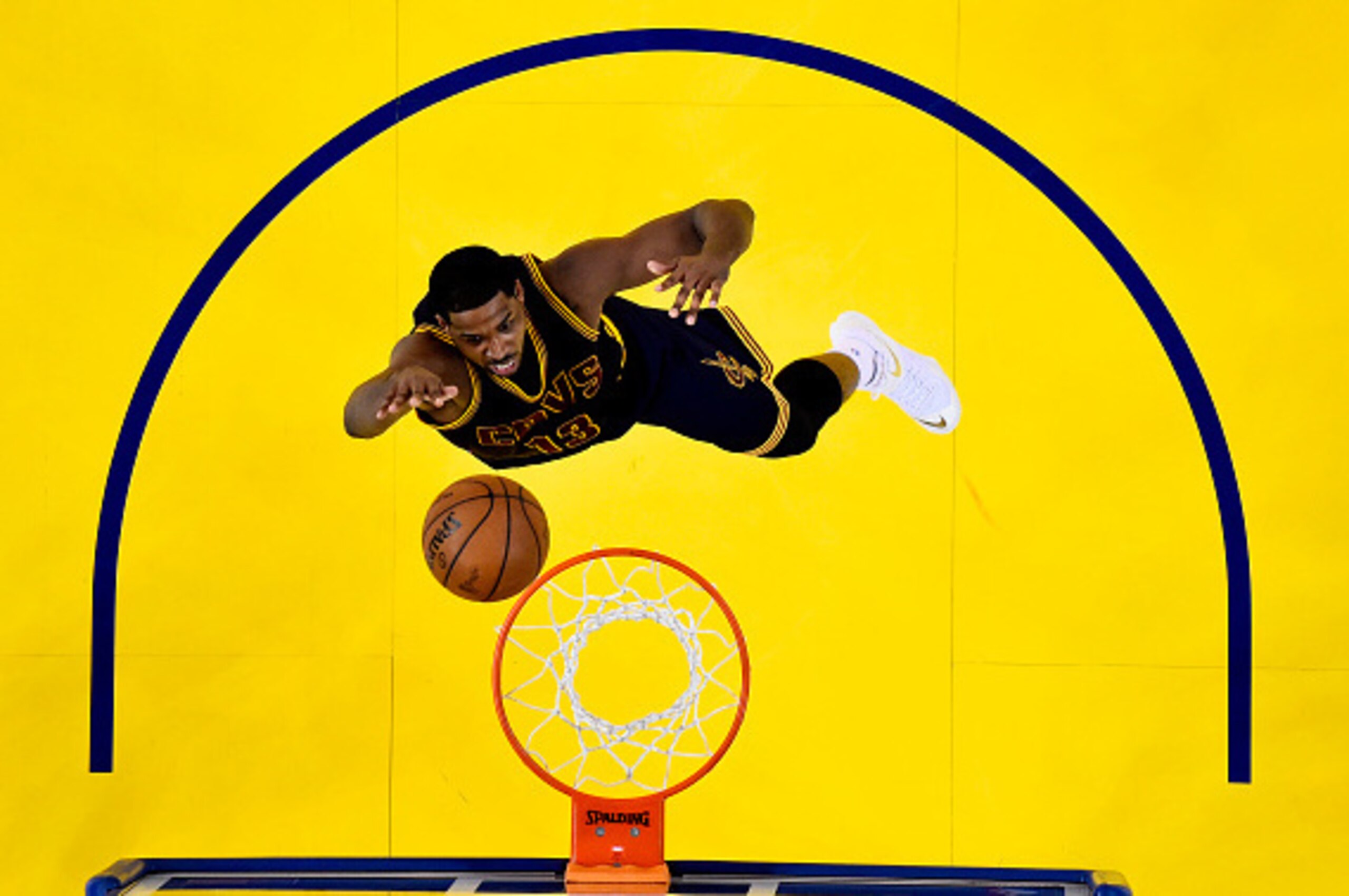 OAKLAND, CA - JUNE 14:  Tristan Thompson #13 of the Cleveland Cavaliers shoots against the Golden State Warriors in the second half during Game Five of the 2015 NBA Finals at ORACLE Arena on June 14, 2015 in Oakland, California. NOTE TO USER: User express