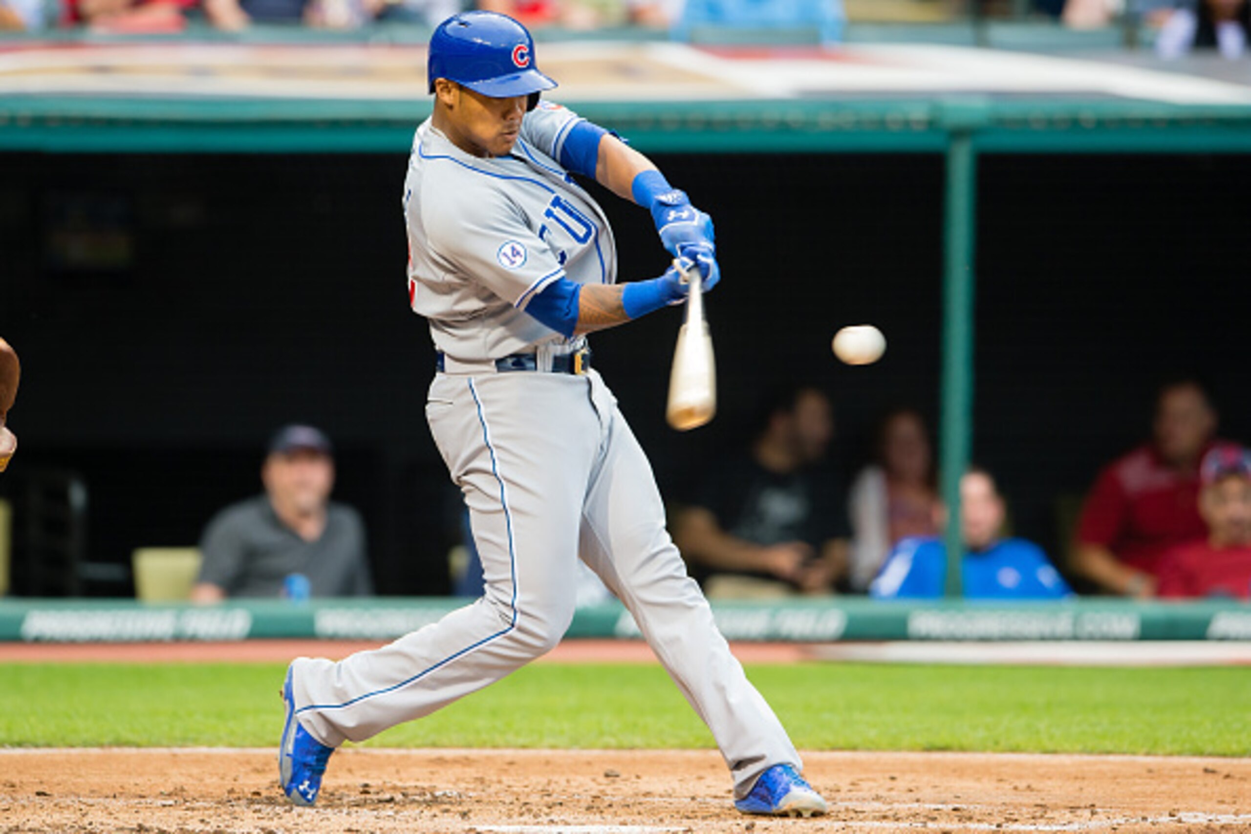 CLEVELAND, OH -  JUNE 17: Addison Russell #22 of the Chicago Cubs hits a two run home run during the second inning against the Cleveland Indians at Progressive Field on June 17, 2015 in Cleveland, Ohio.  (Photo by Jason Miller/Getty Images)