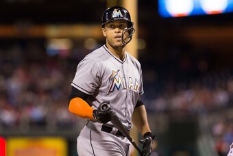 Apr 21, 2015; Philadelphia, PA, USA; Miami Marlins right fielder Giancarlo Stanton (27) at the plate against the Philadelphia Phillies at Citizens Bank Park. The Phillies won 7-3. Mandatory Credit: Bill Streicher-USA TODAY Sports